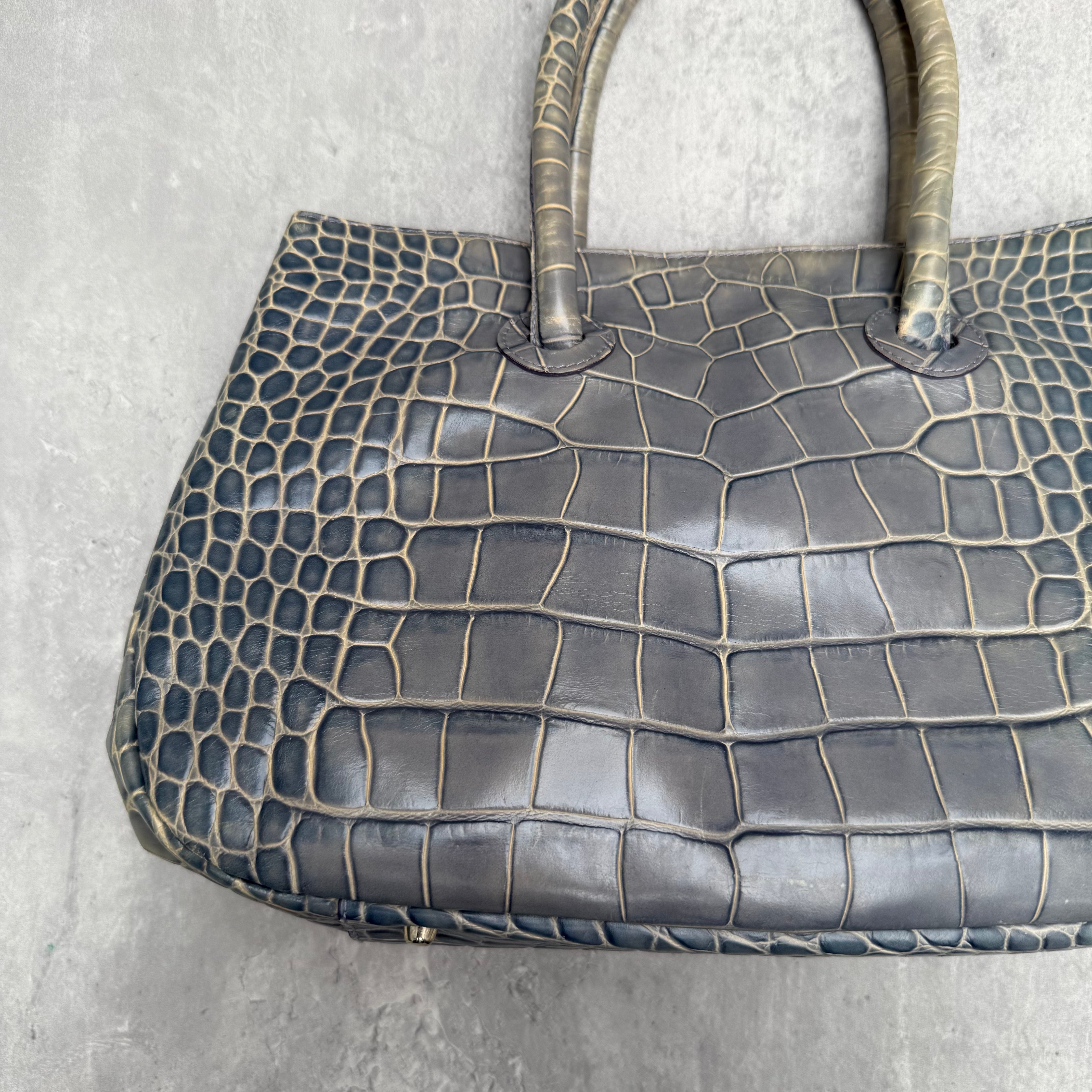 Furla Croc Embossed Leather Shoulder Tote Bag Sage Green