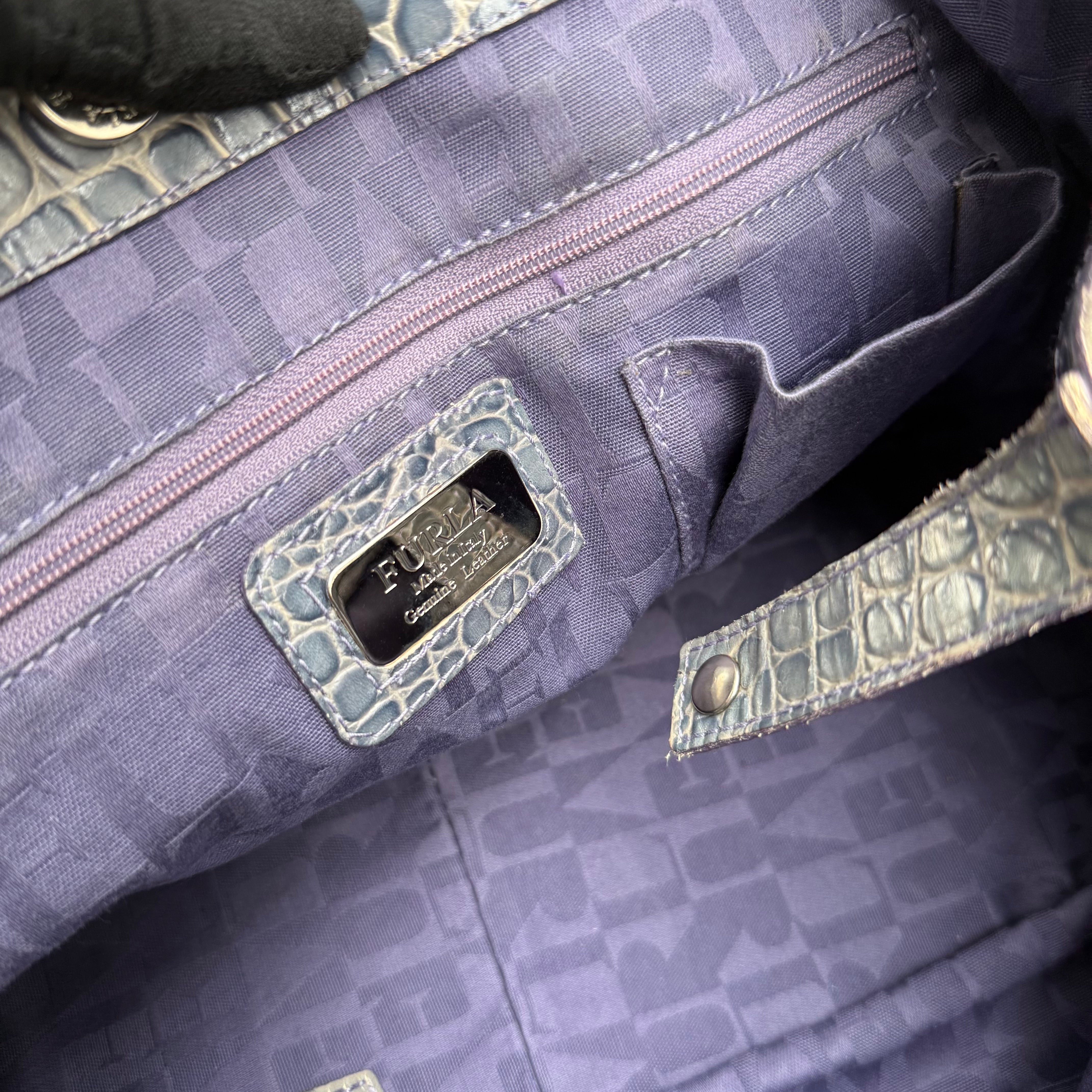 Furla Croc Embossed Leather Shoulder Tote Bag Sage Green