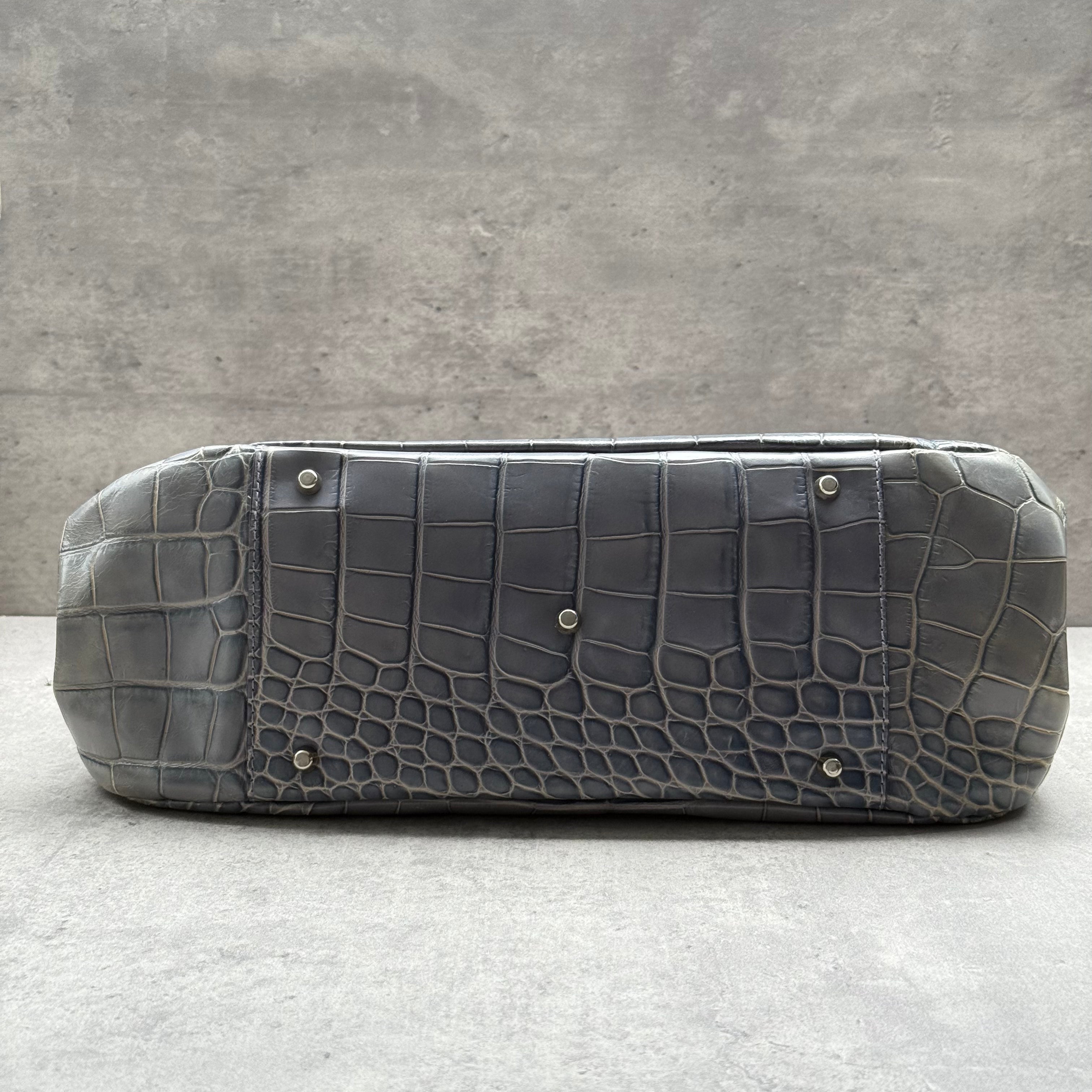 Furla Croc Embossed Leather Shoulder Tote Bag Sage Green