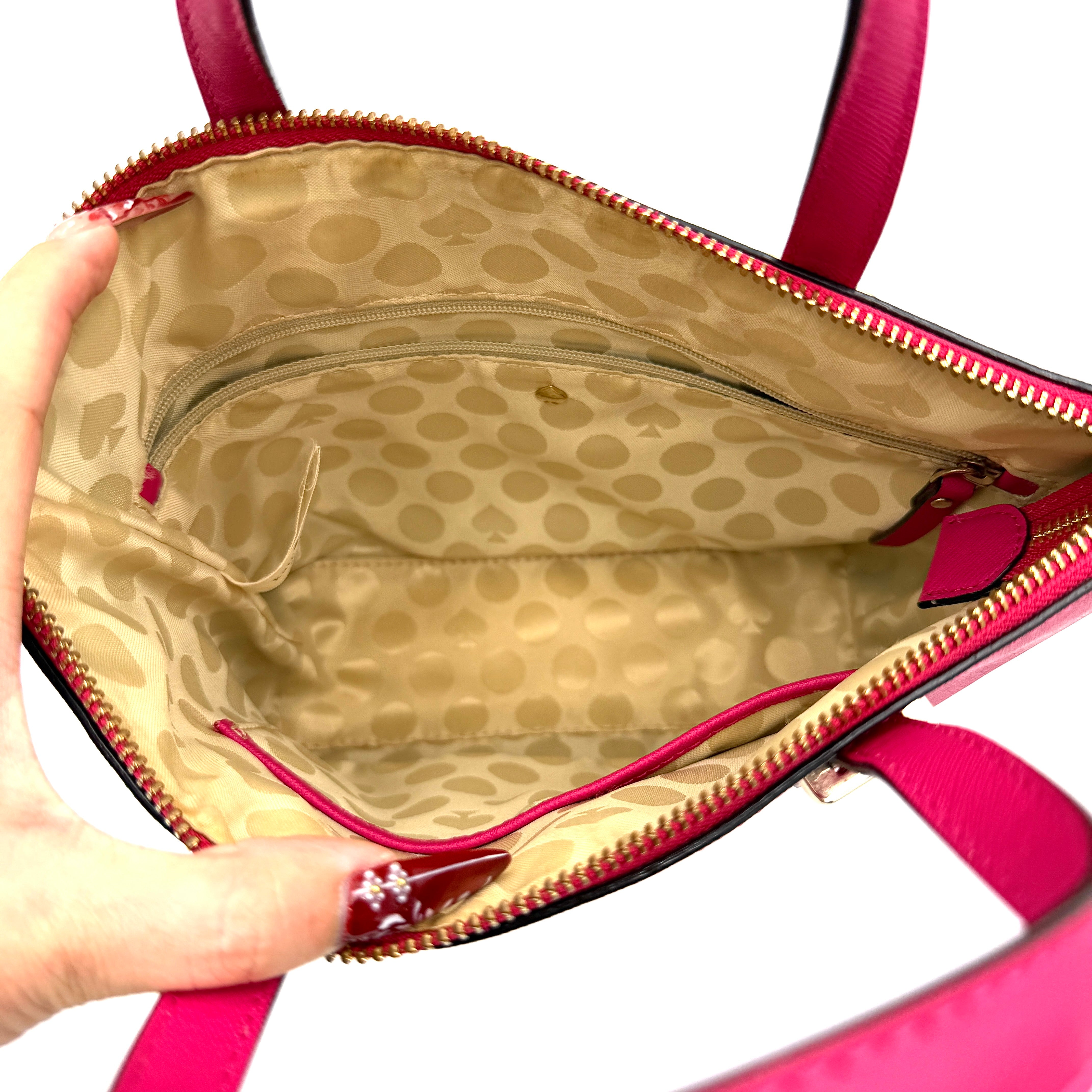Kate Spade Cedar Street handbag in bold fuchsia pink Saffiano leather, shown with top handles and detachable strap alongside.
