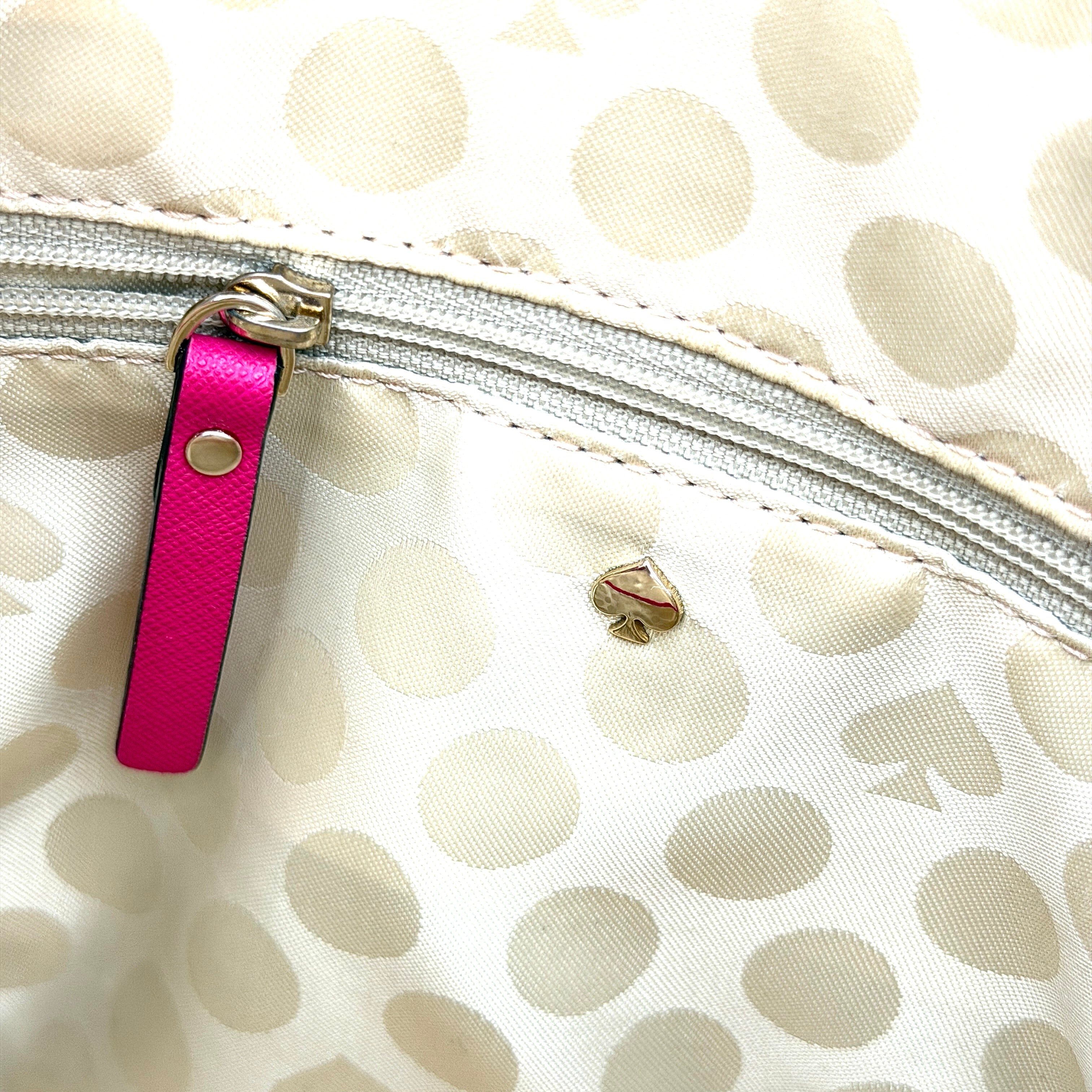 Kate Spade Cedar Street handbag in bold fuchsia pink Saffiano leather, shown with top handles and detachable strap alongside.