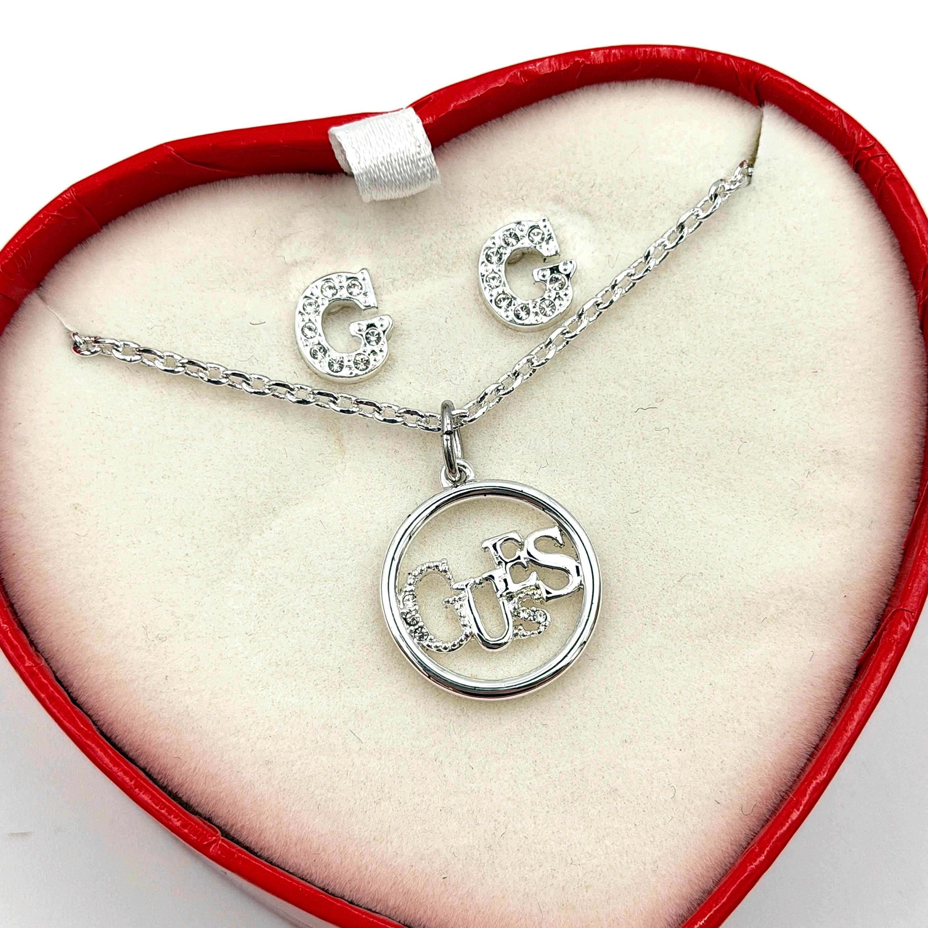 Guess Heart Necklace & Earrings Set Silver
