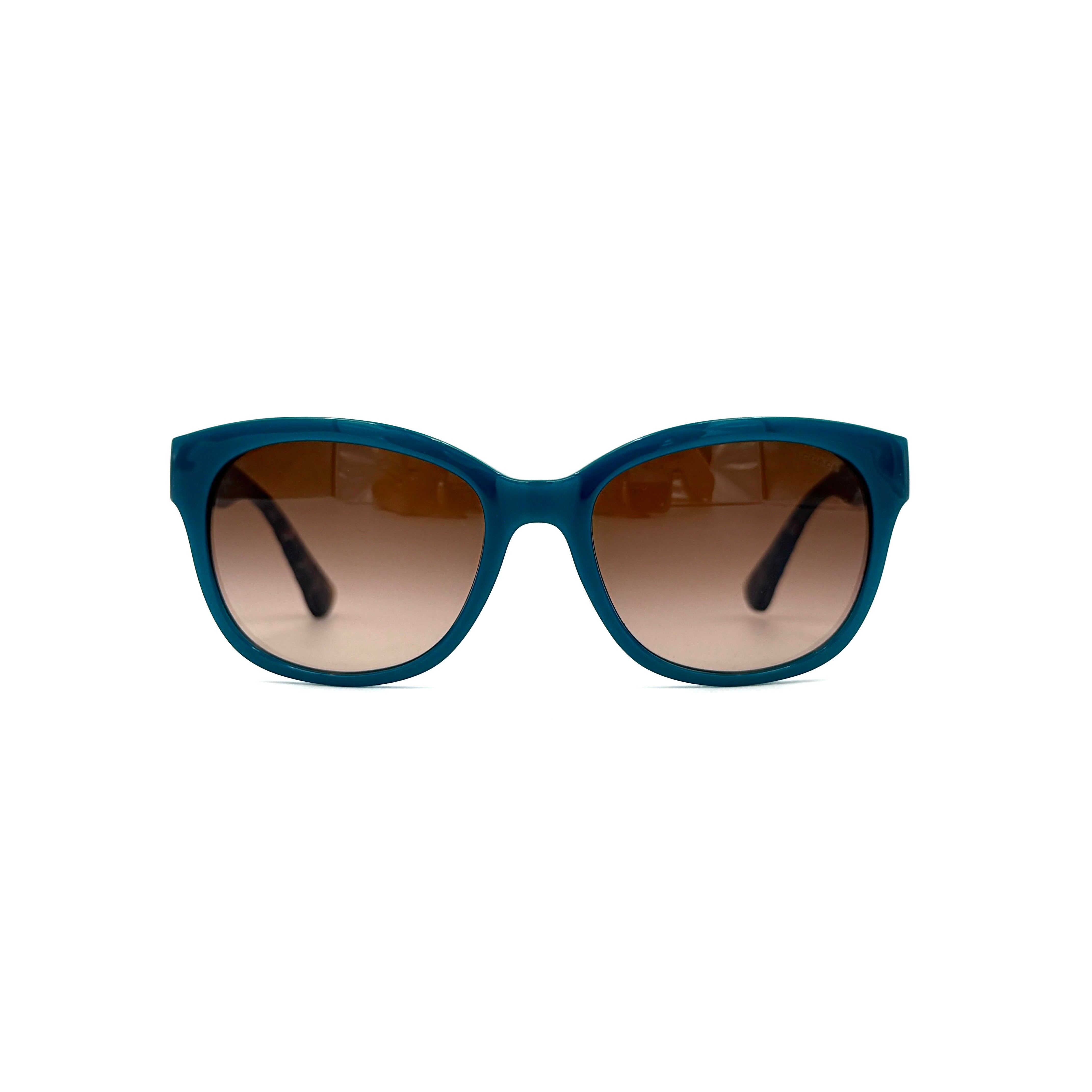 Coach HC8110 sunglasses in teal and dark tortoiseshell acetate with gradient brown lenses, shown at a three-quarter angle.