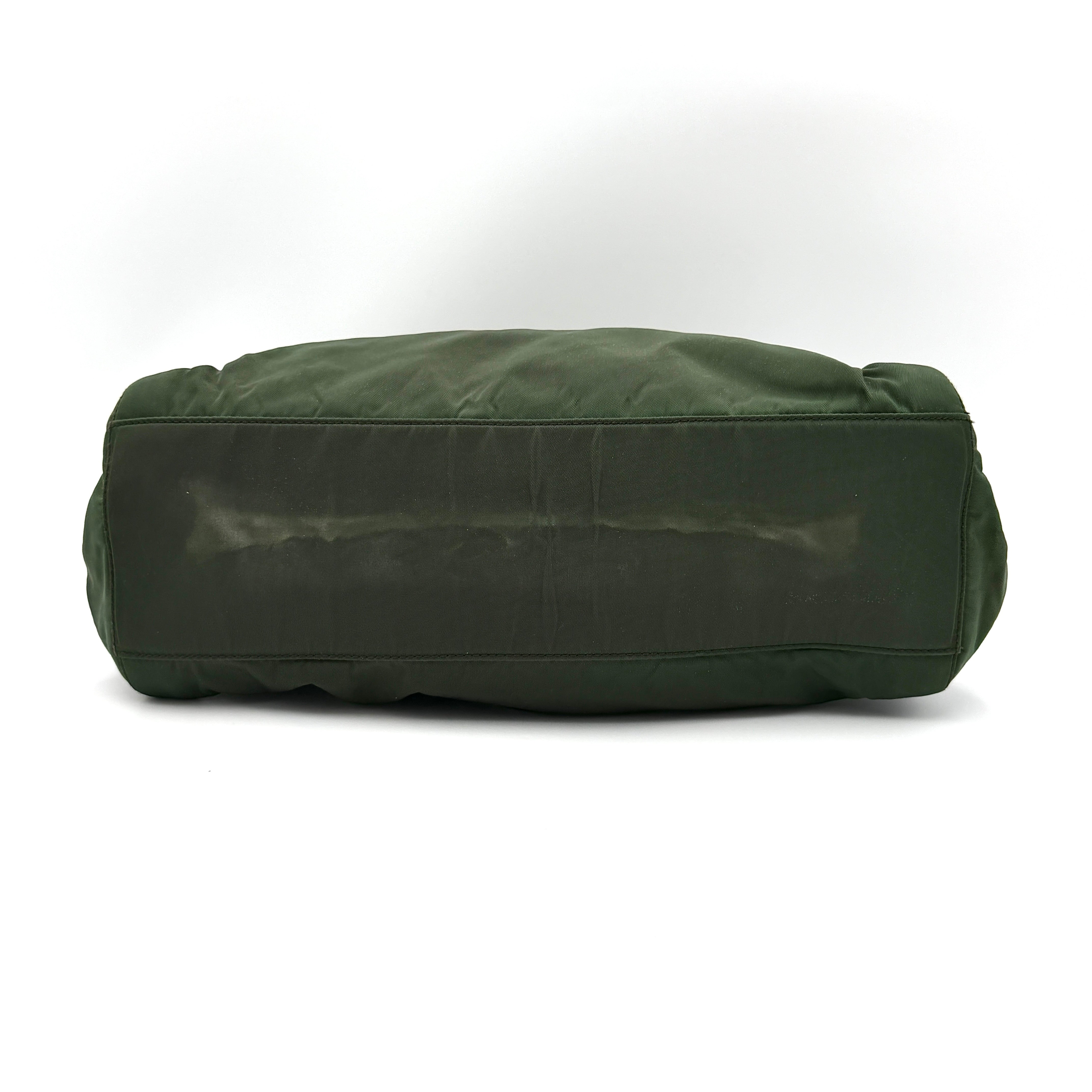 A Prada Tessuto Nylon Chain Shoulder Bag in deep green with silver-tone chain straps, featuring the iconic triangular logo on the front.