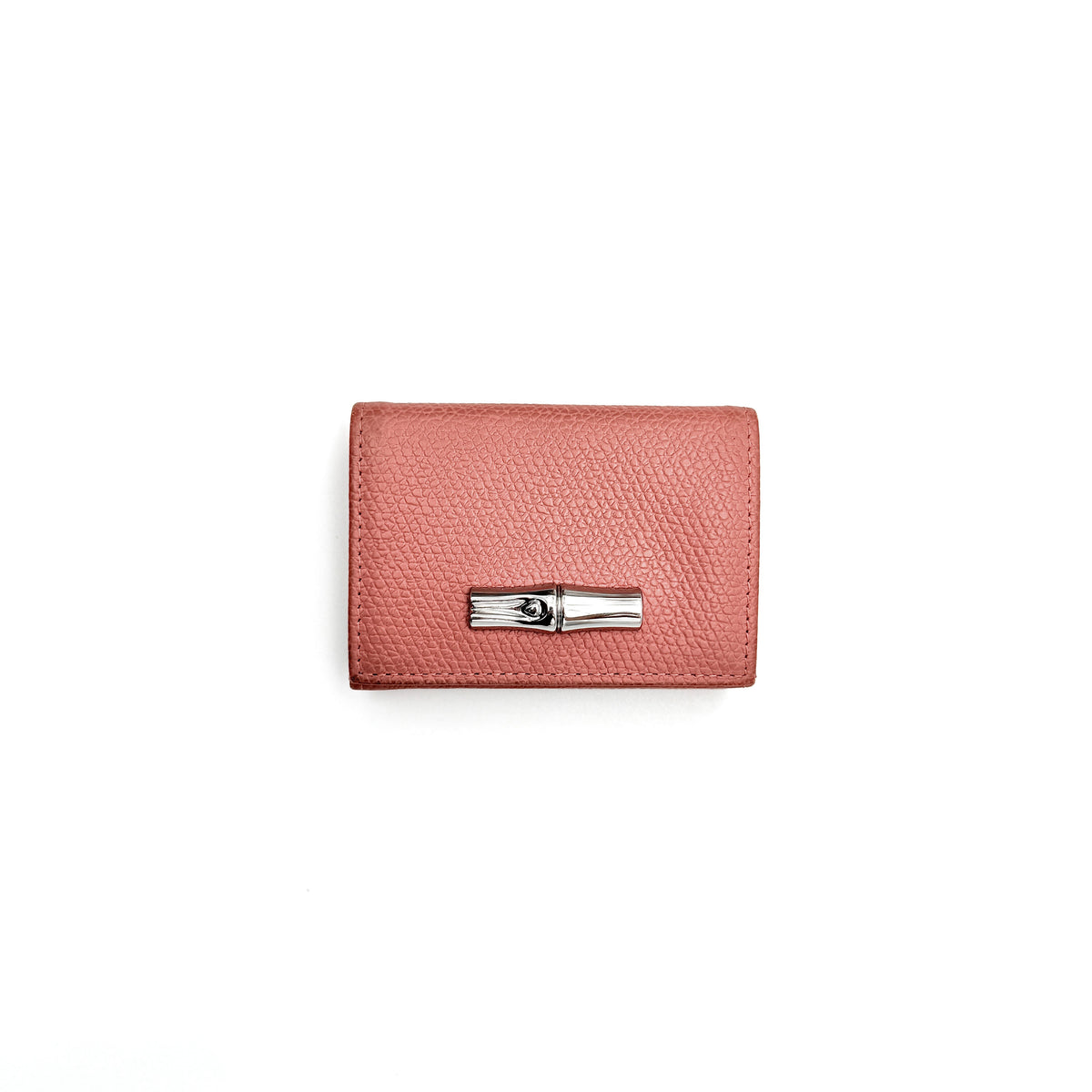 Longchamp Le Roseau compact wallet in pink grained leather with signature silver bamboo clasp.