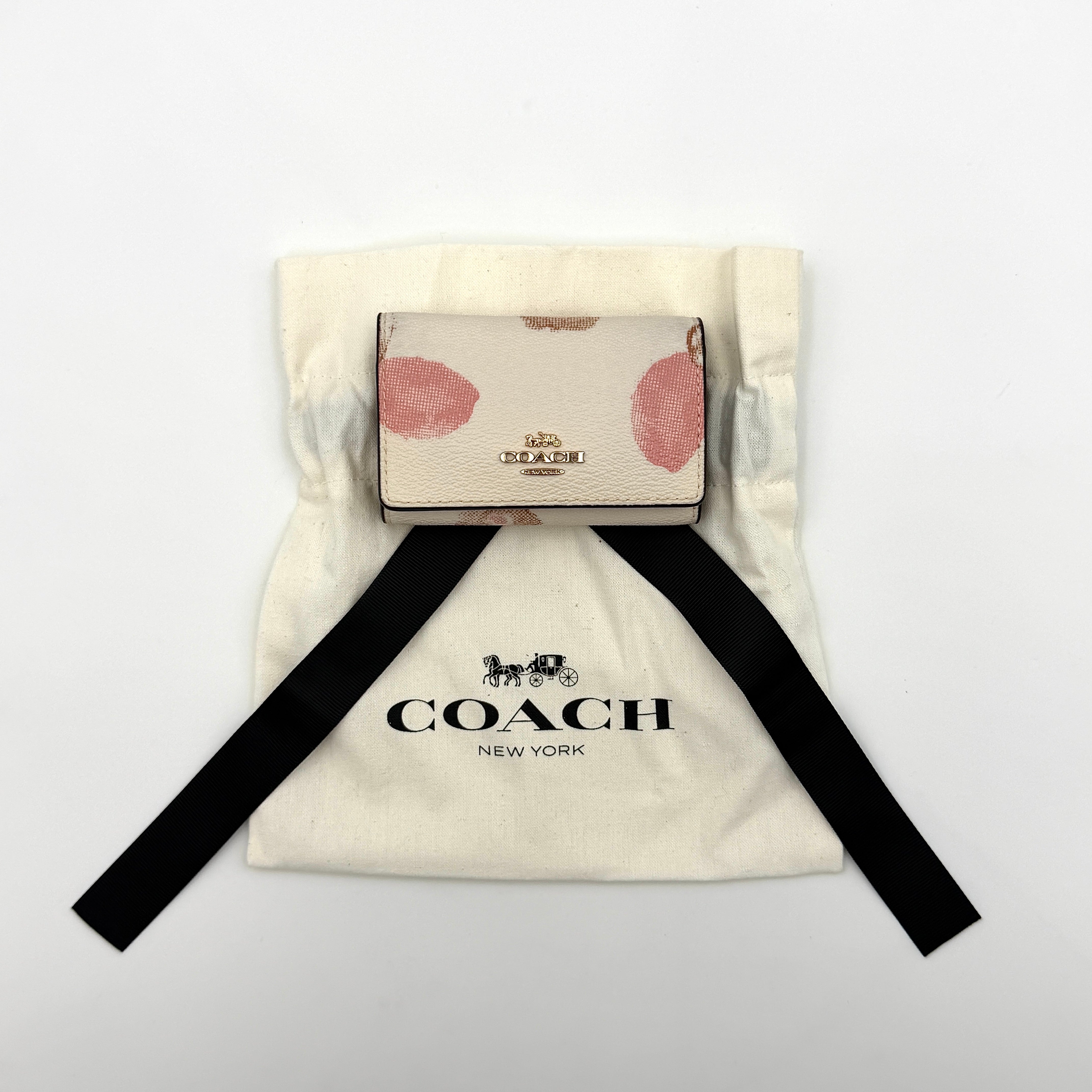 Coach floral print key case in cream with pink and brown blossom accents, gold hardware and structured silhouette.