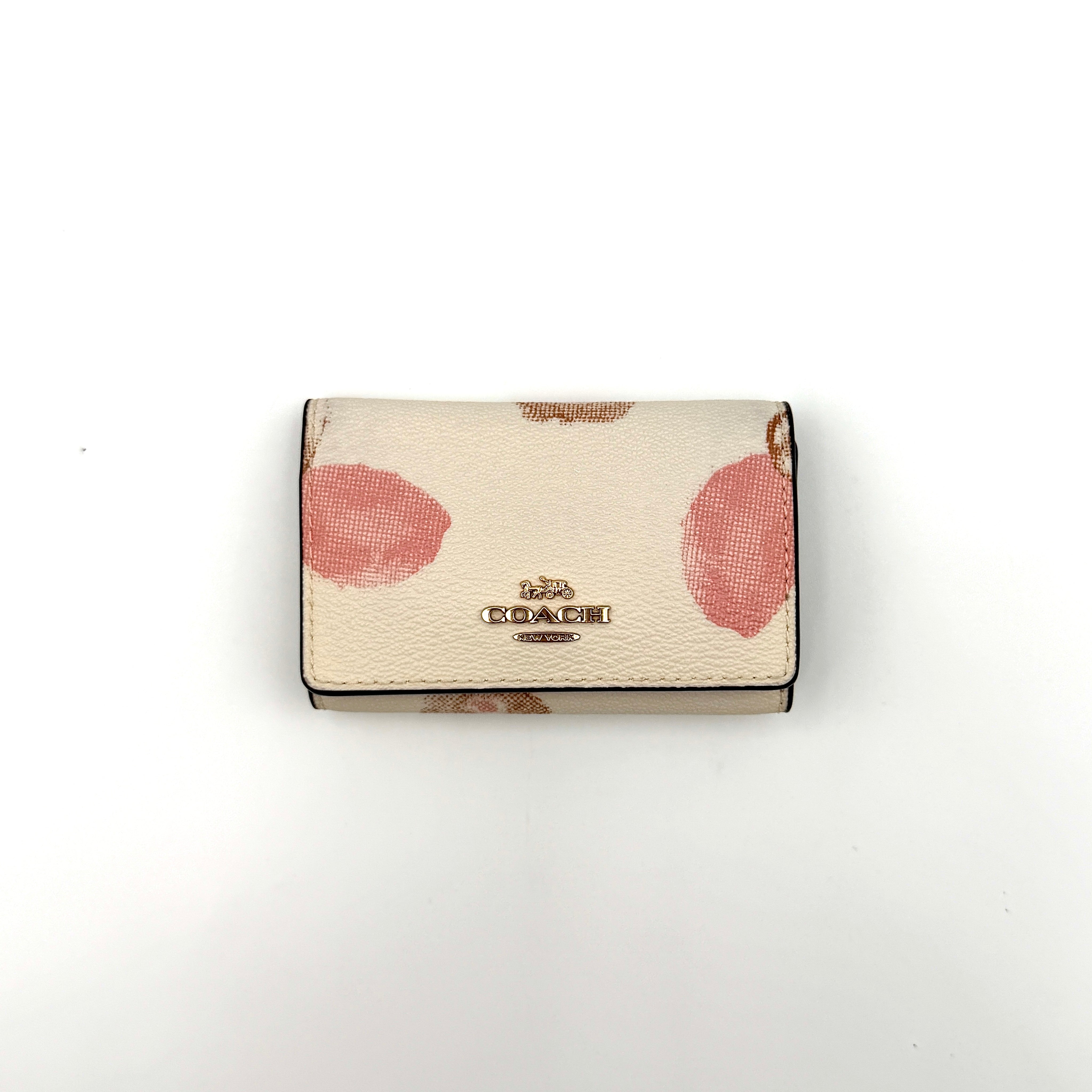 Coach floral print key case in cream with pink and brown blossom accents, gold hardware and structured silhouette.