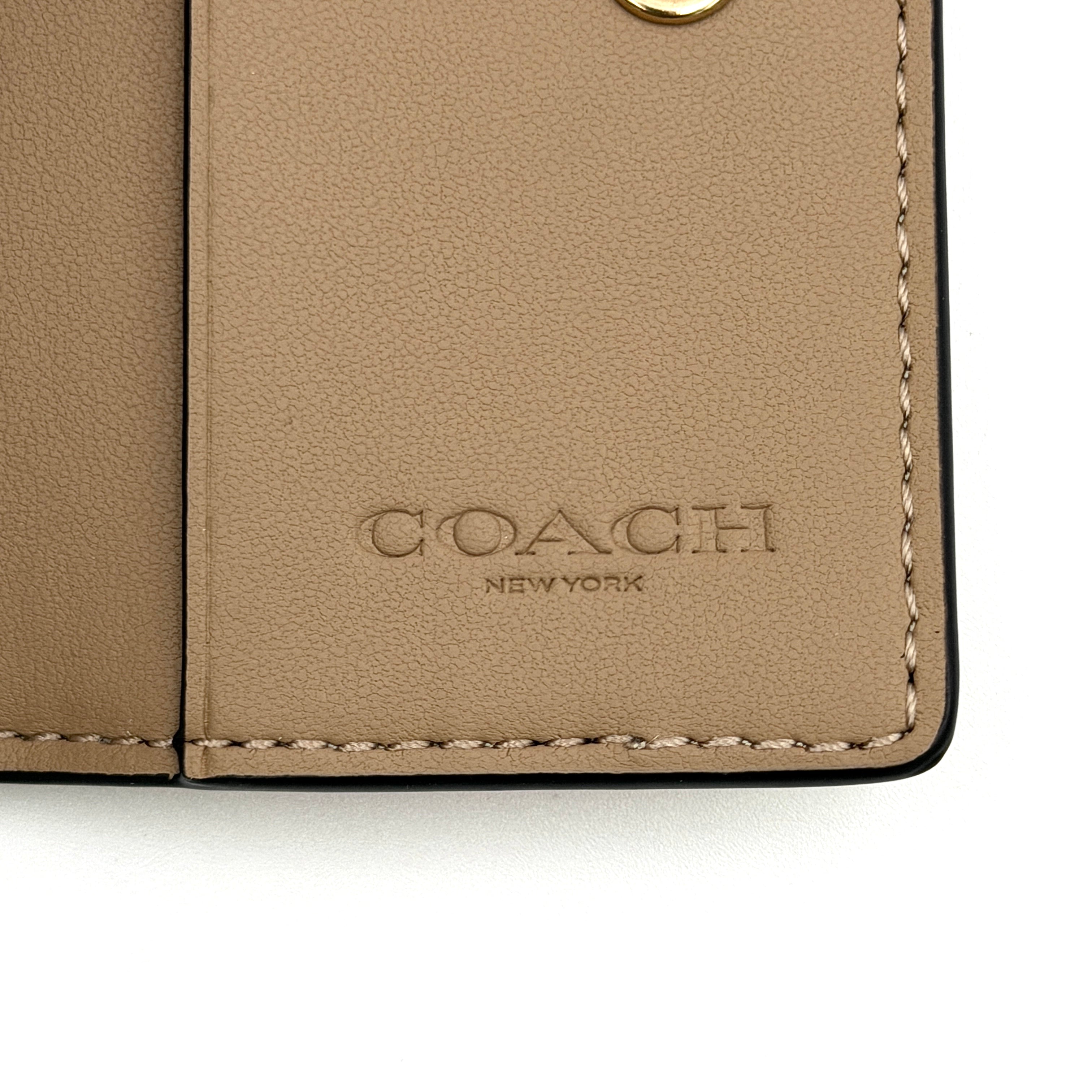 Coach floral print key case in cream with pink and brown blossom accents, gold hardware and structured silhouette.