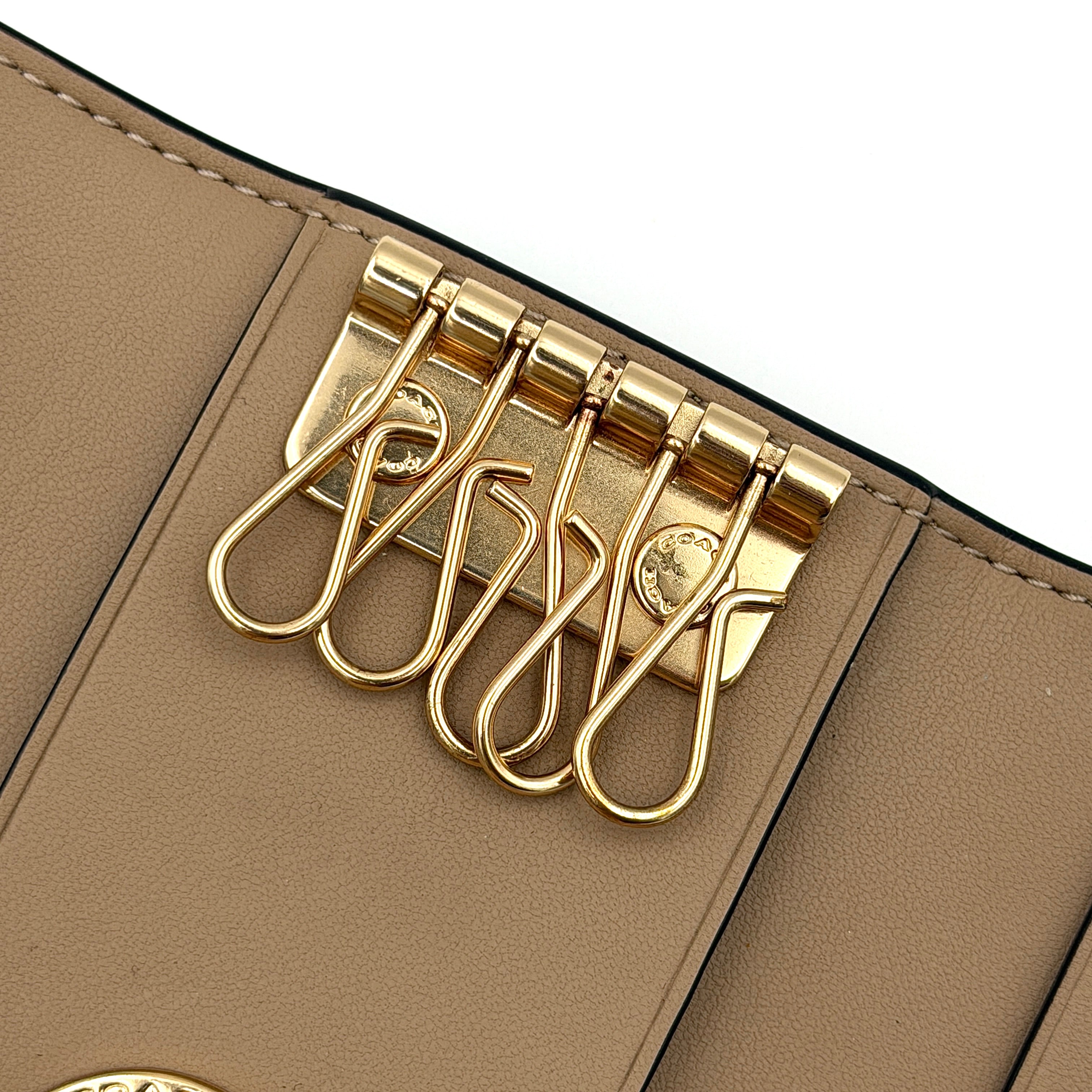 Coach floral print key case in cream with pink and brown blossom accents, gold hardware and structured silhouette.