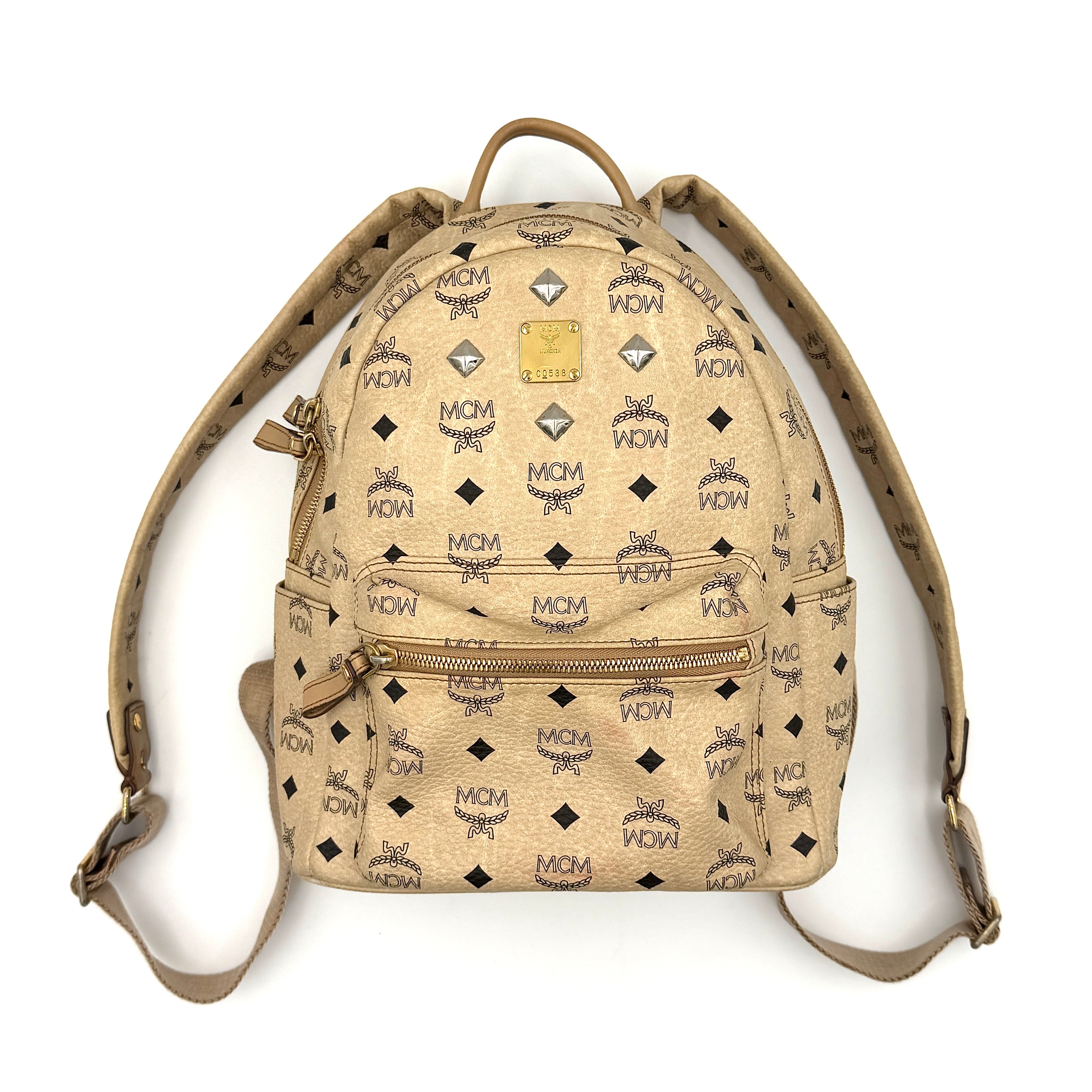 MCM Visetos Stark Leather Backpack Beige