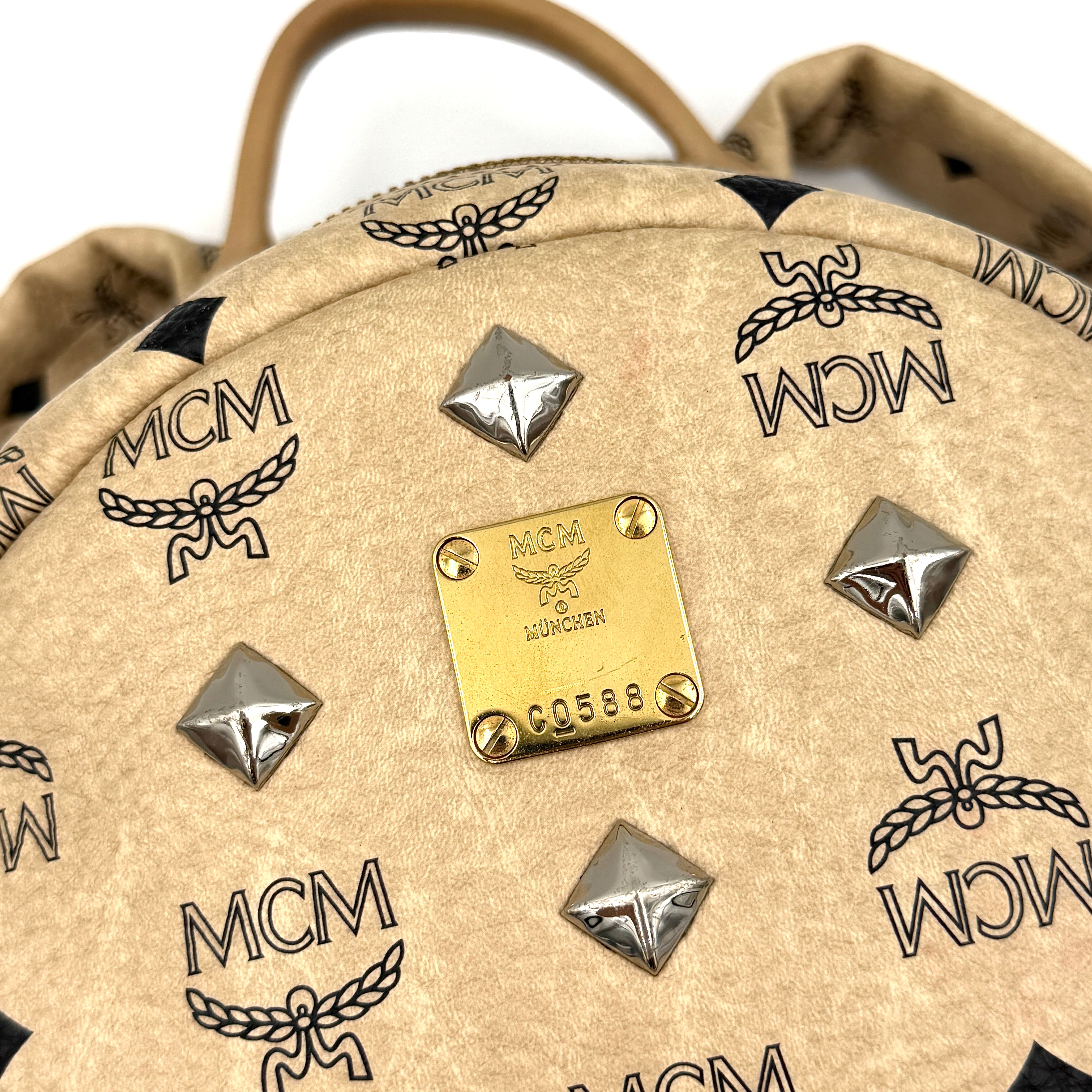 MCM Visetos Stark Leather Backpack Beige