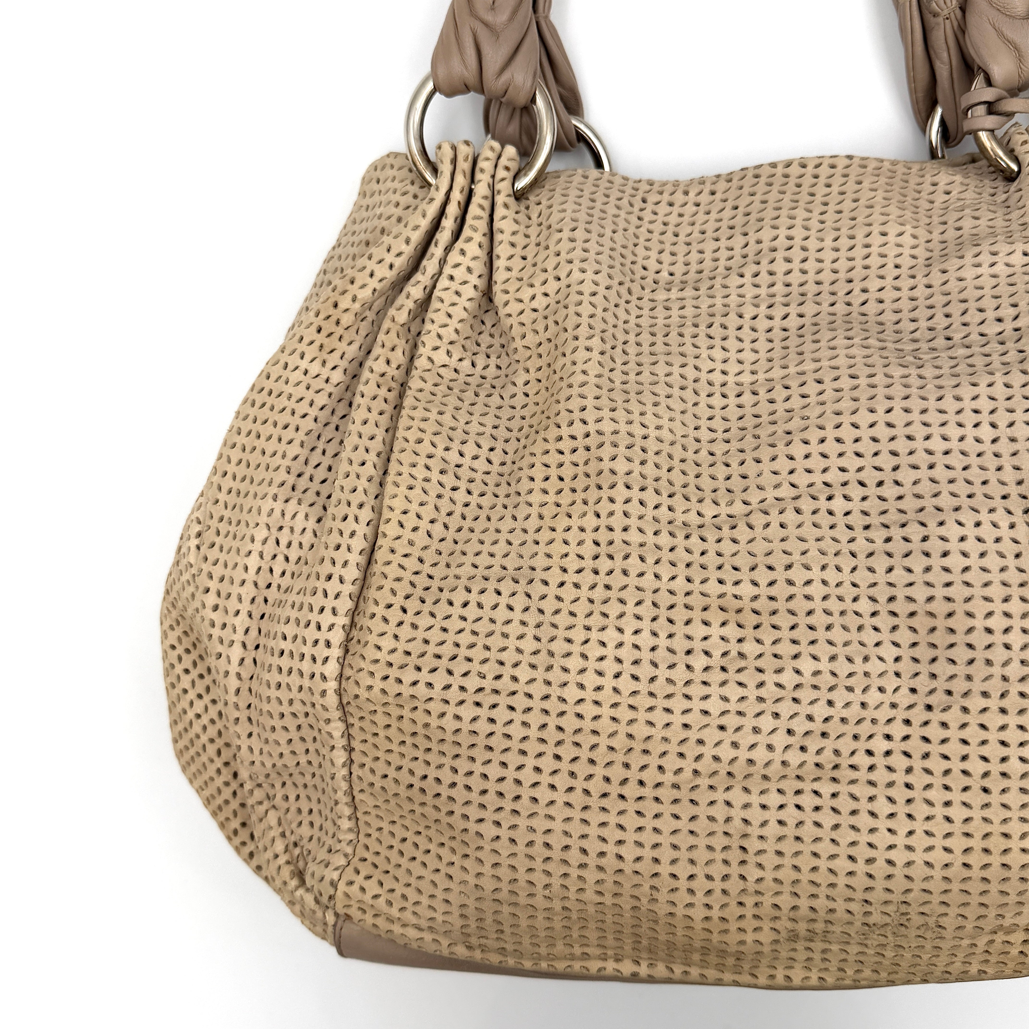 Furla light brown python-embossed hobo bag with perforated leather, silver hardware, and double handles.