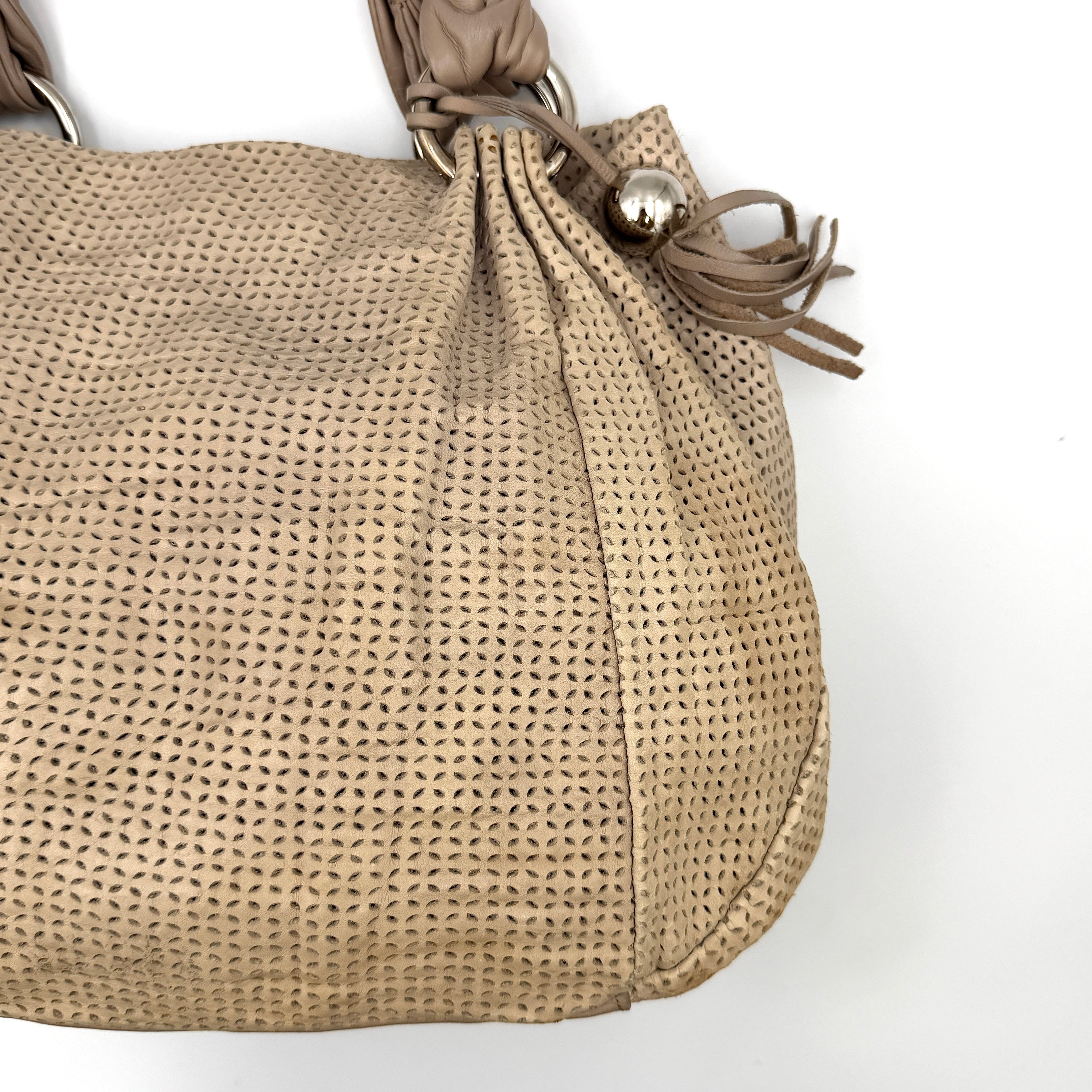 Furla light brown python-embossed hobo bag with perforated leather, silver hardware, and double handles.