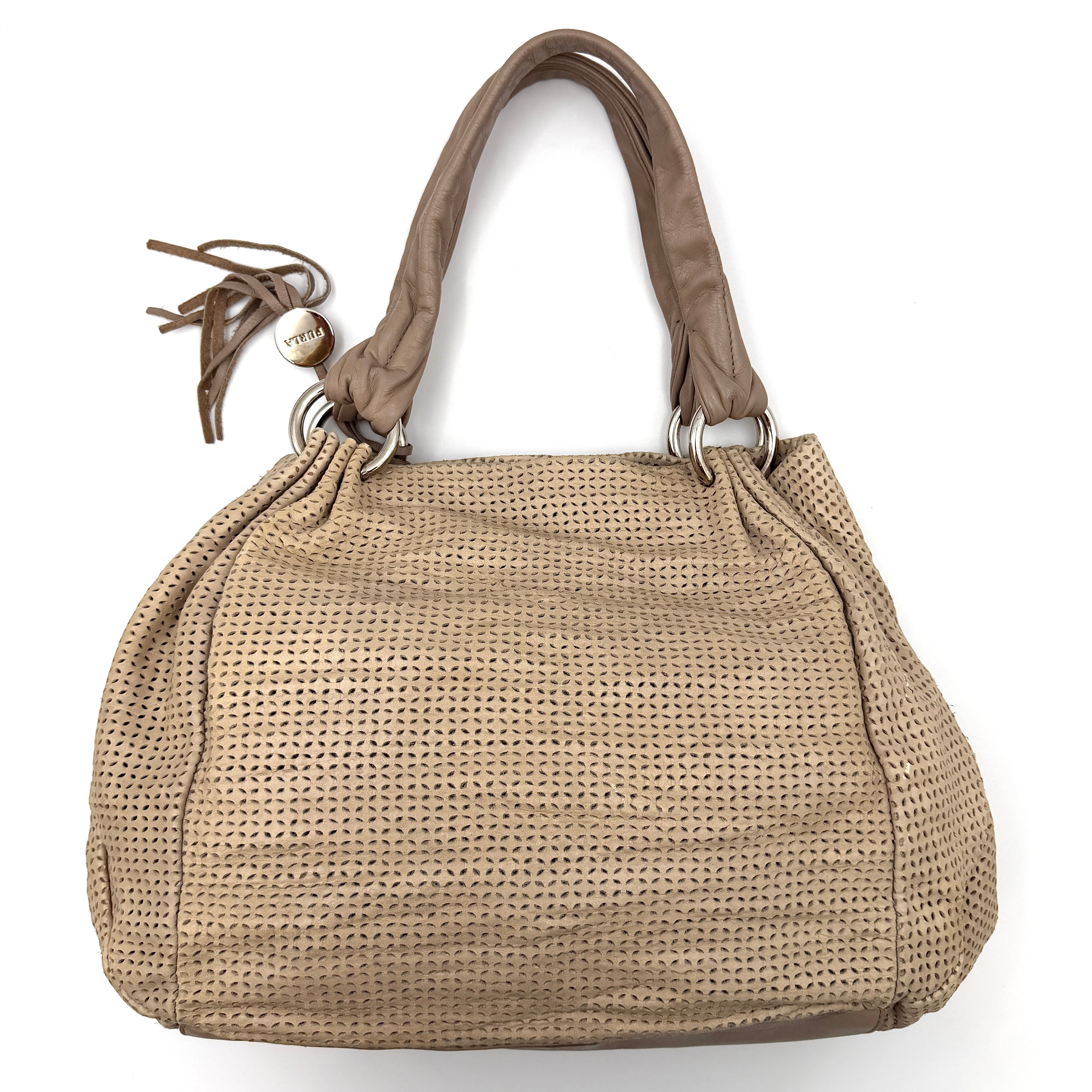 Furla light brown python-embossed hobo bag with perforated leather, silver hardware, and double handles.