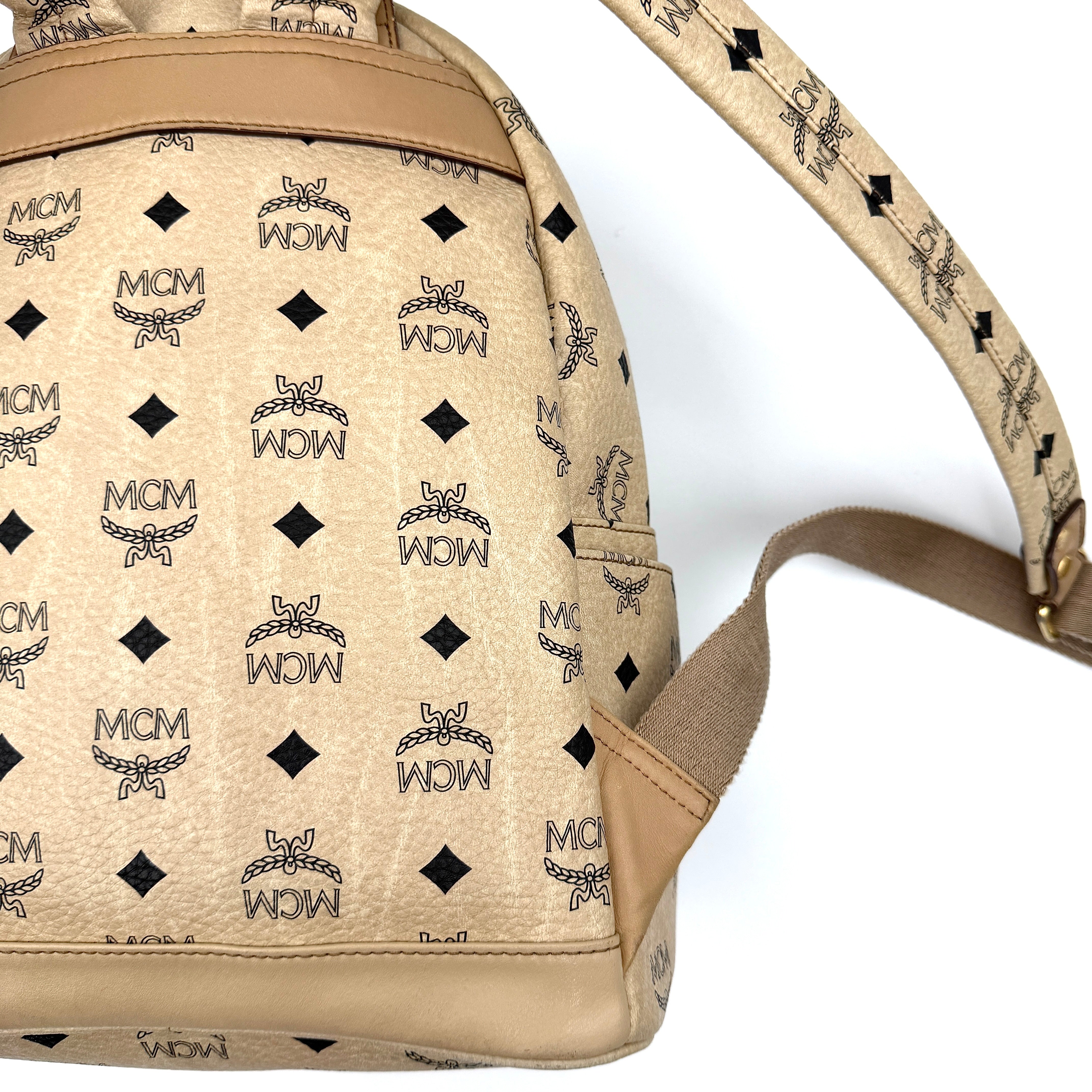 MCM Visetos Stark Leather Backpack Beige