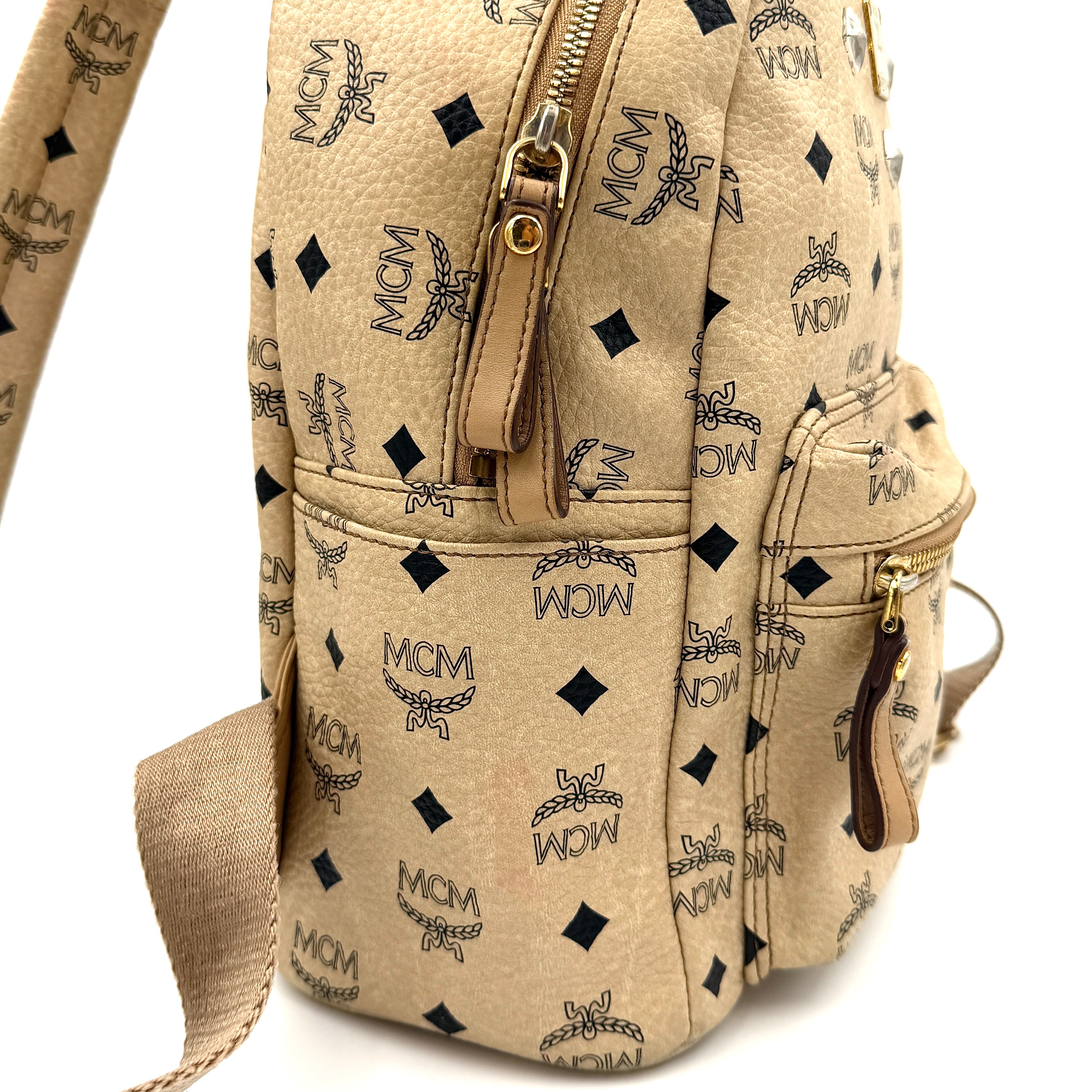 MCM Visetos Stark Leather Backpack Beige
