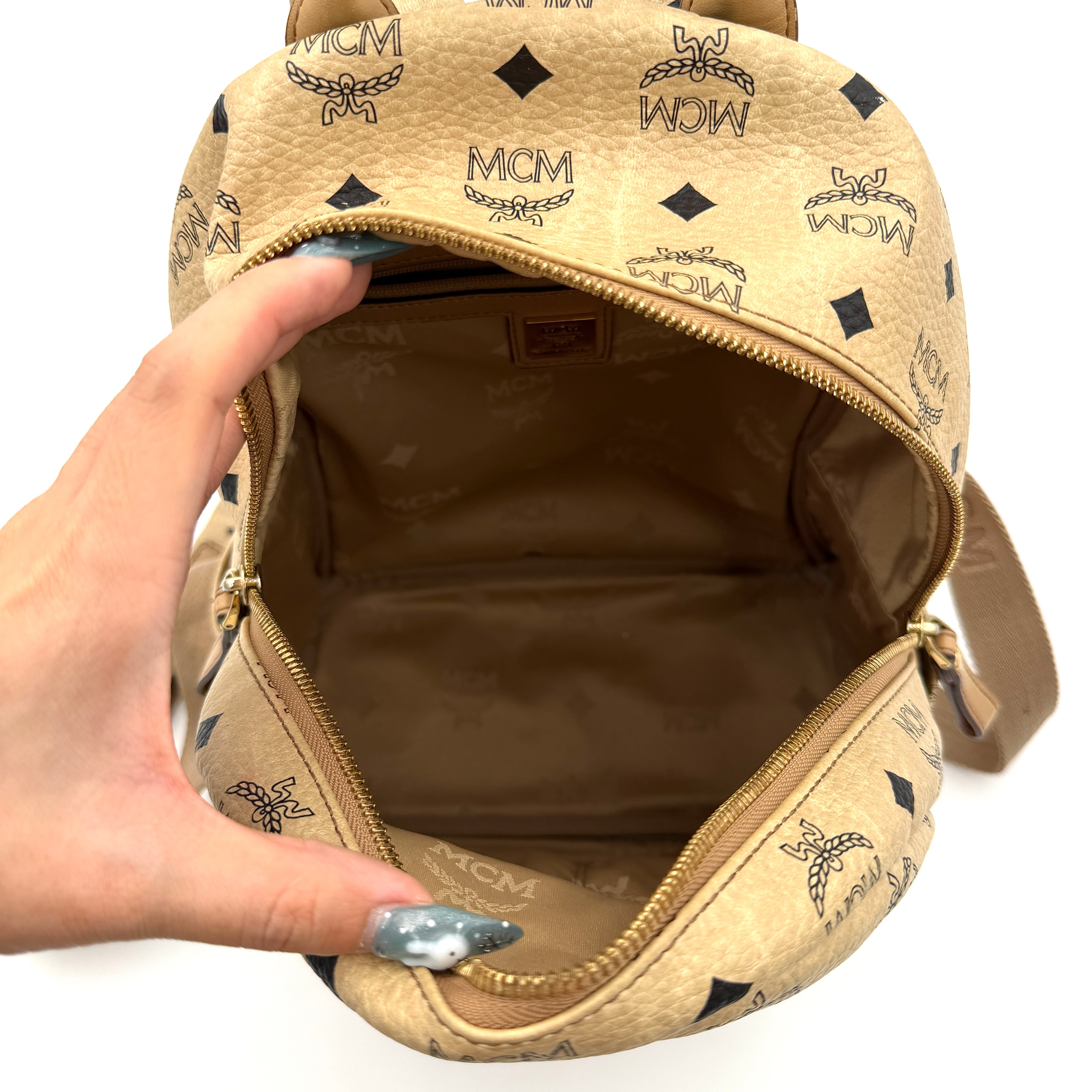 MCM Visetos Stark Leather Backpack Beige