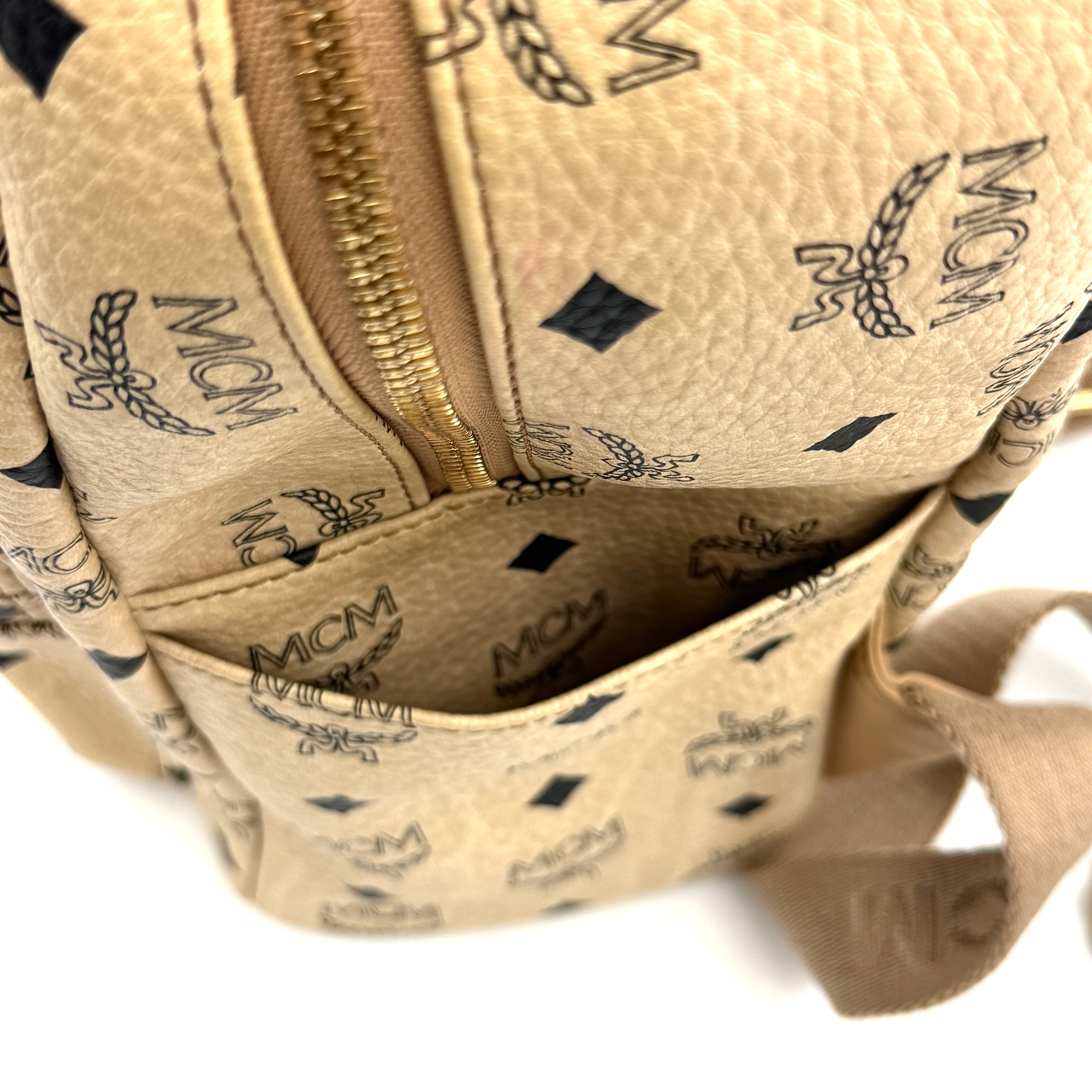 MCM Visetos Stark Leather Backpack Beige