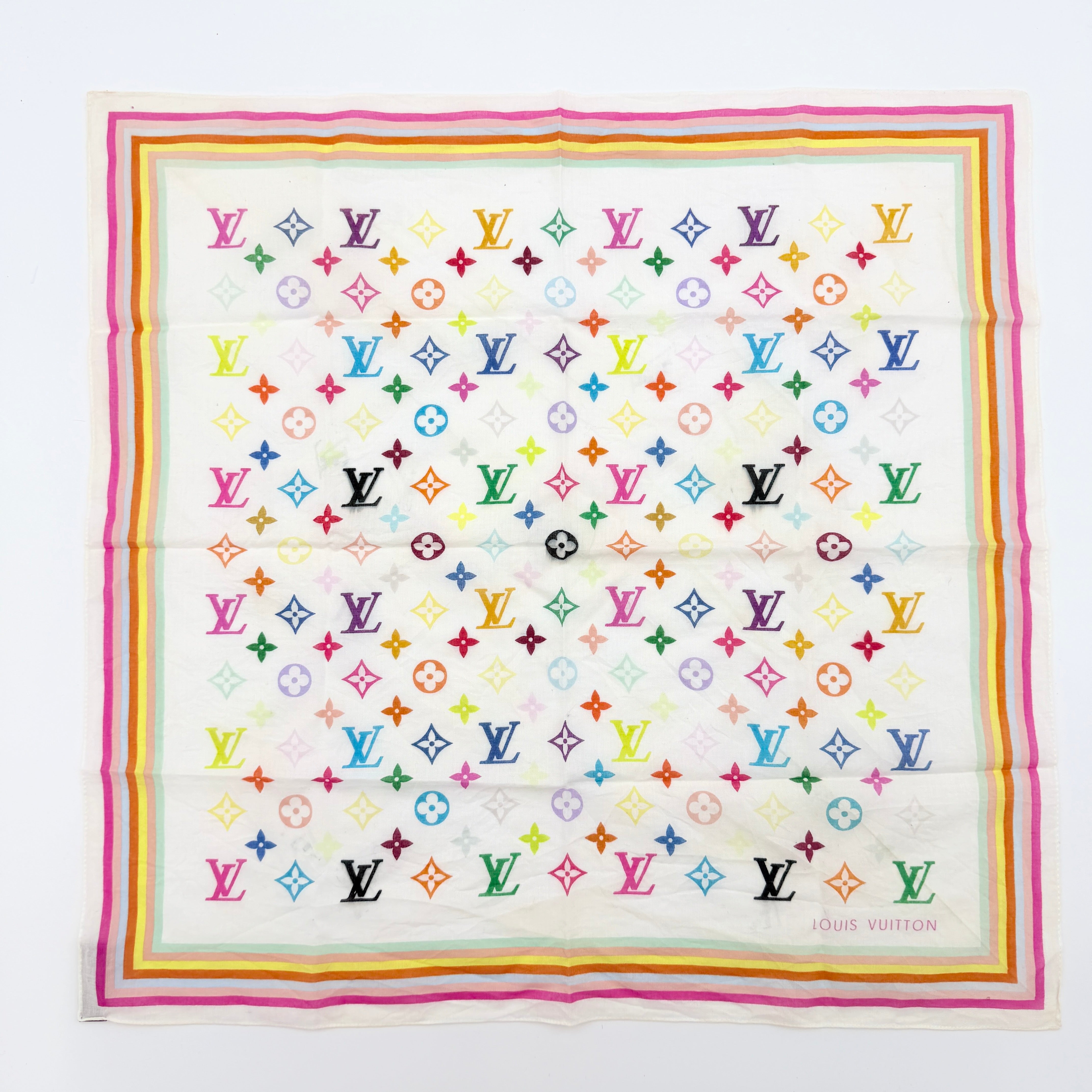 Louis Vuitton Murakami Monogram Scarf in multicolour cotton with vibrant LV motif and striped border.