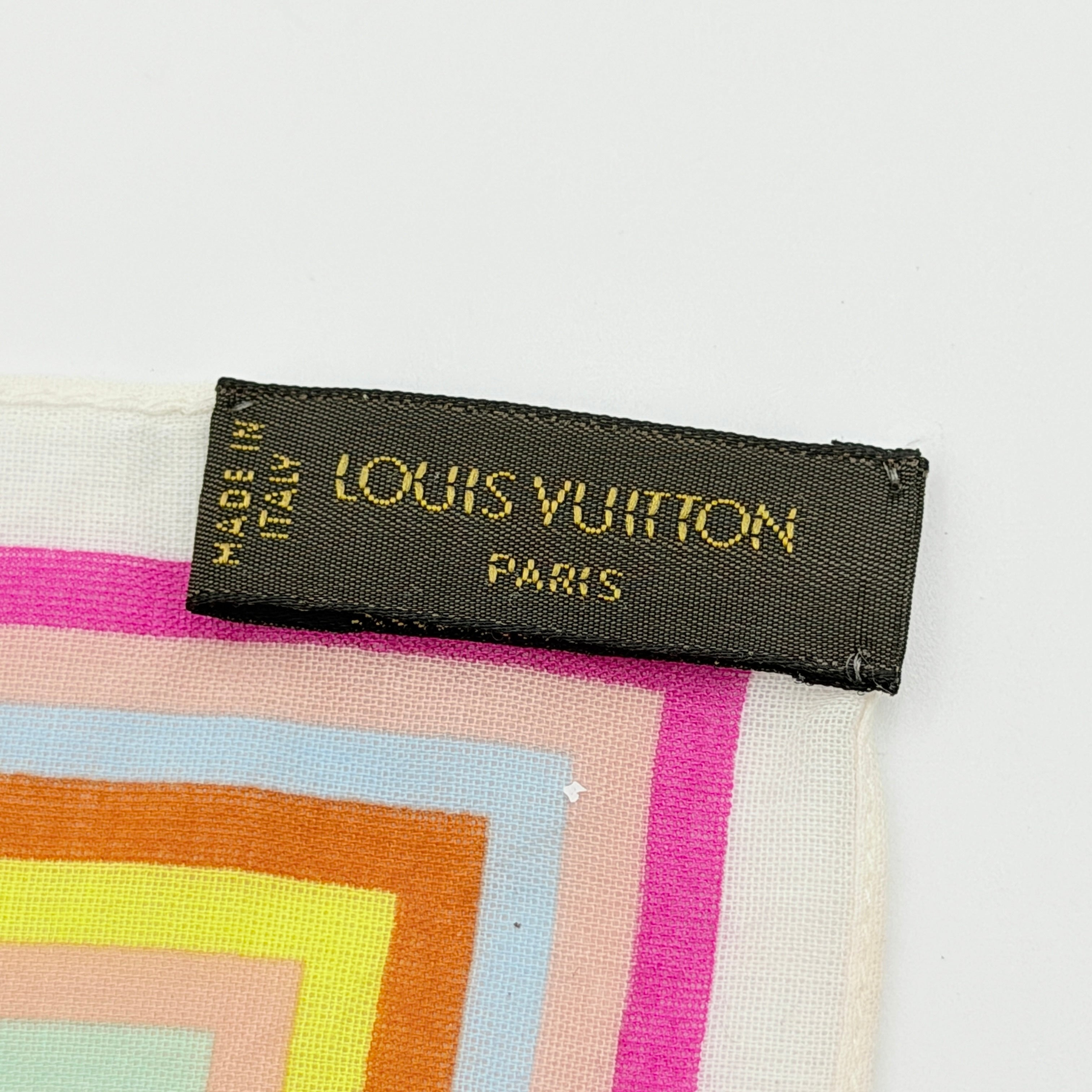 Louis Vuitton Murakami Monogram Scarf in multicolour cotton with vibrant LV motif and striped border.