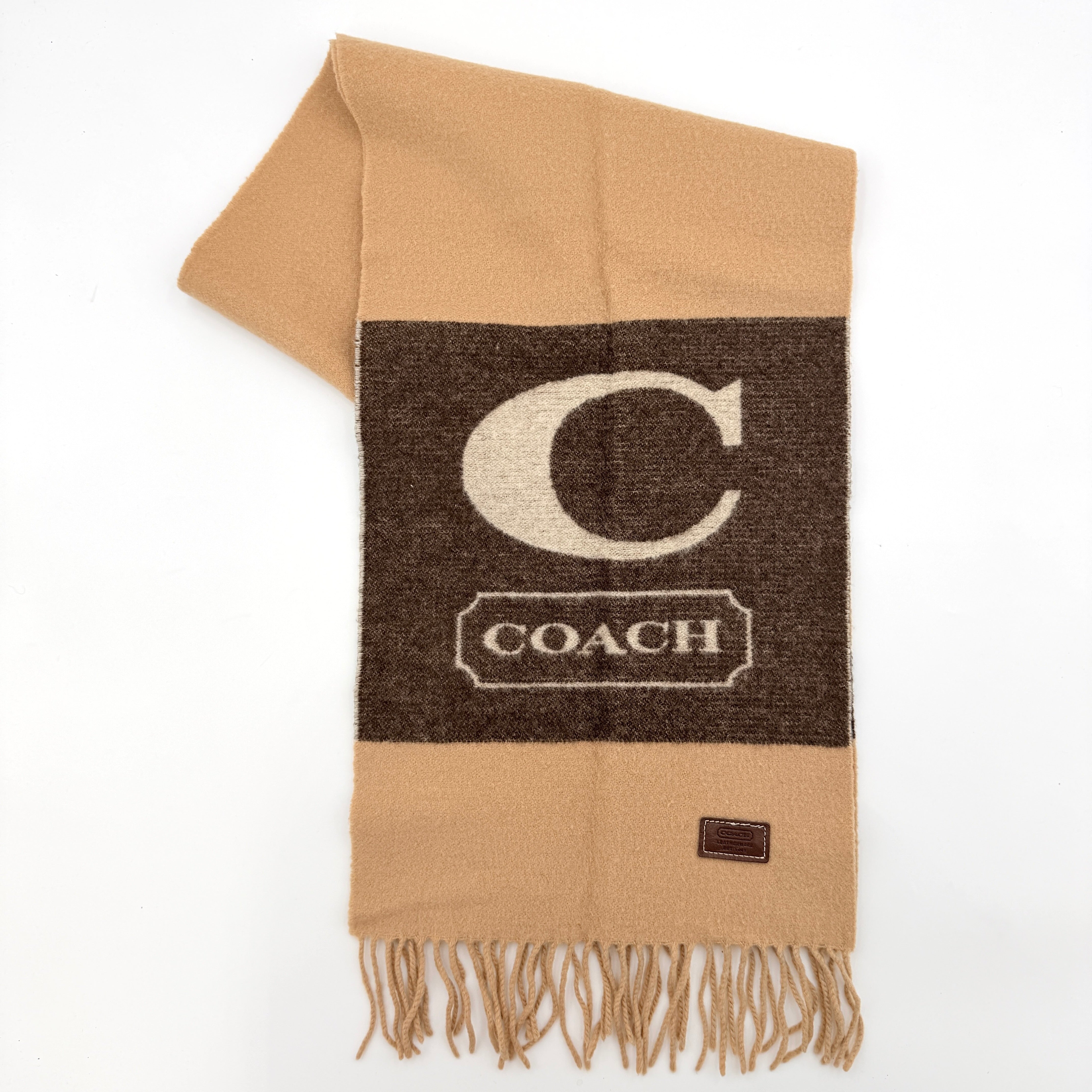 Coach reversible brown lambswool scarf with large logo and camel fringe detail