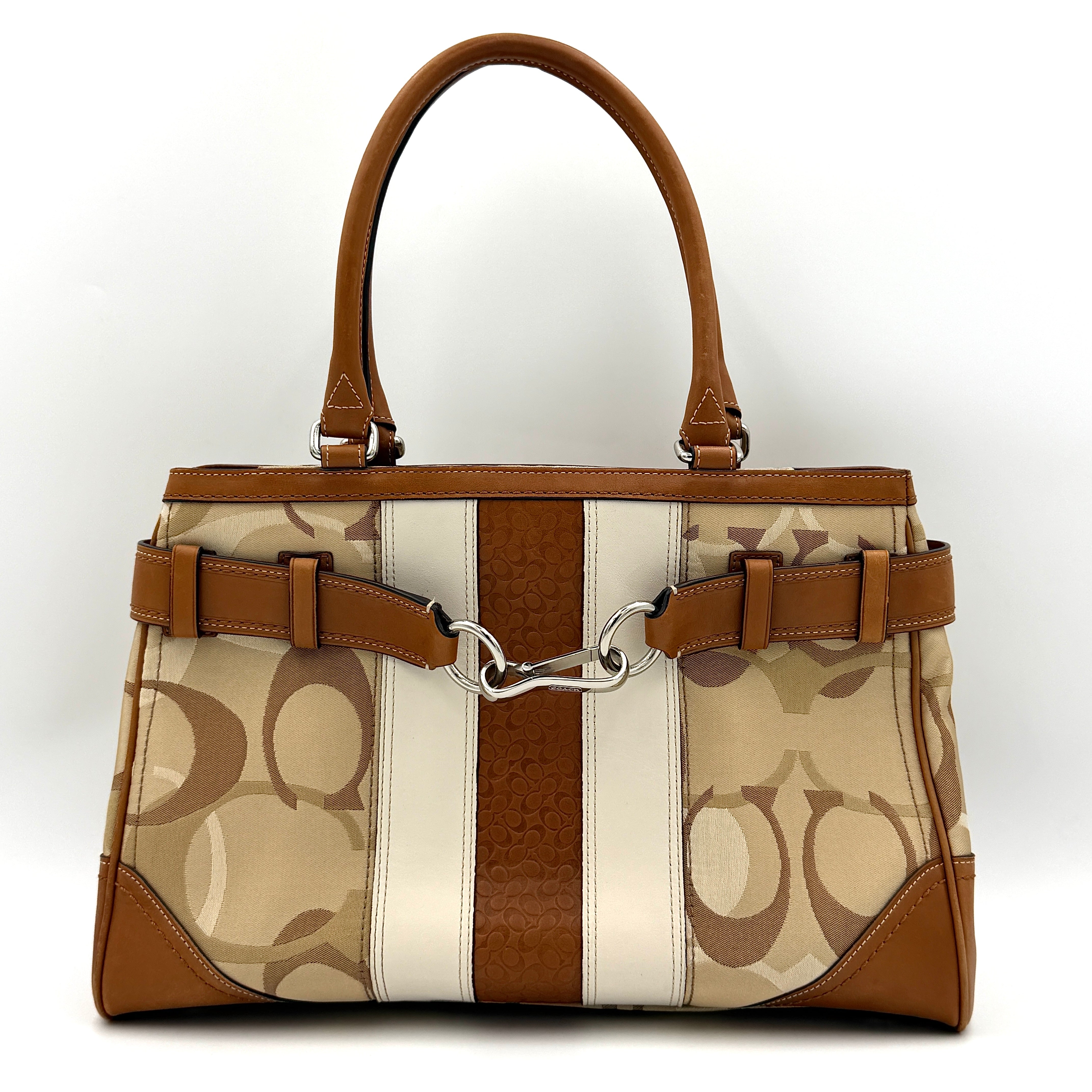Coach Signature Stripe Hampton Carryall Shoulder Bag in neutral signature jacquard with caramel leather trim and silver hardware.