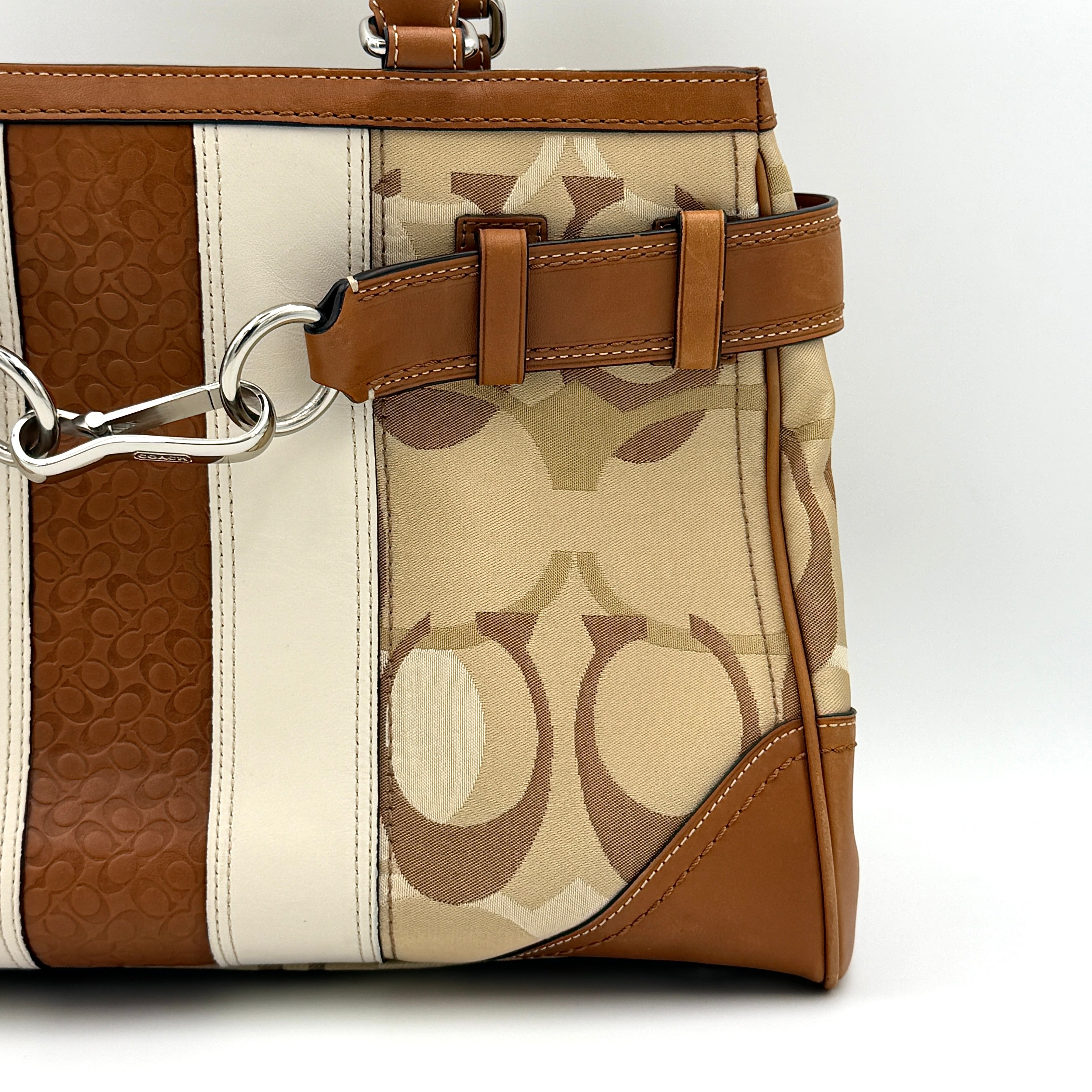 Coach Signature Stripe Hampton Carryall Shoulder Bag in neutral signature jacquard with caramel leather trim and silver hardware.