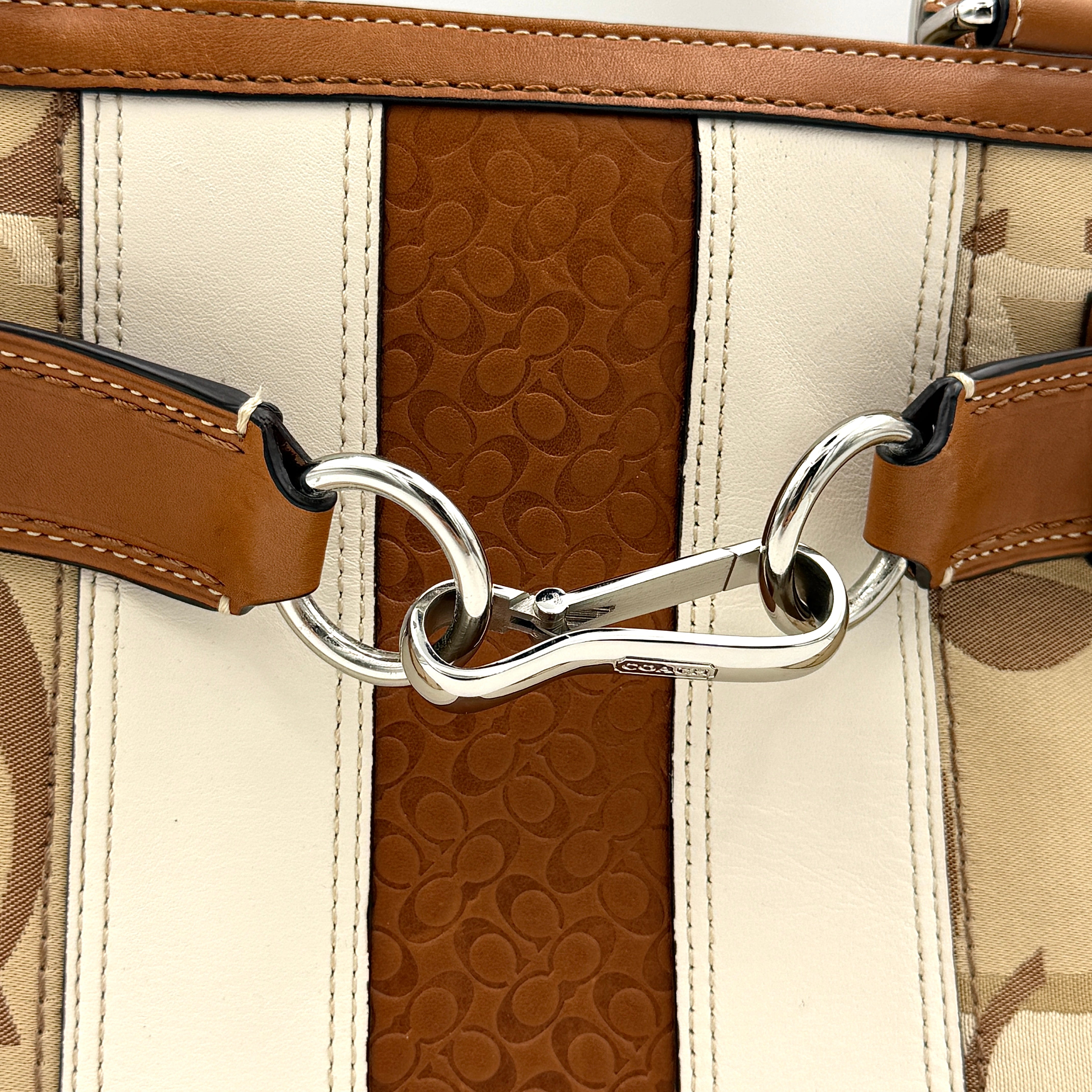 Coach Signature Stripe Hampton Carryall Shoulder Bag in neutral signature jacquard with caramel leather trim and silver hardware.