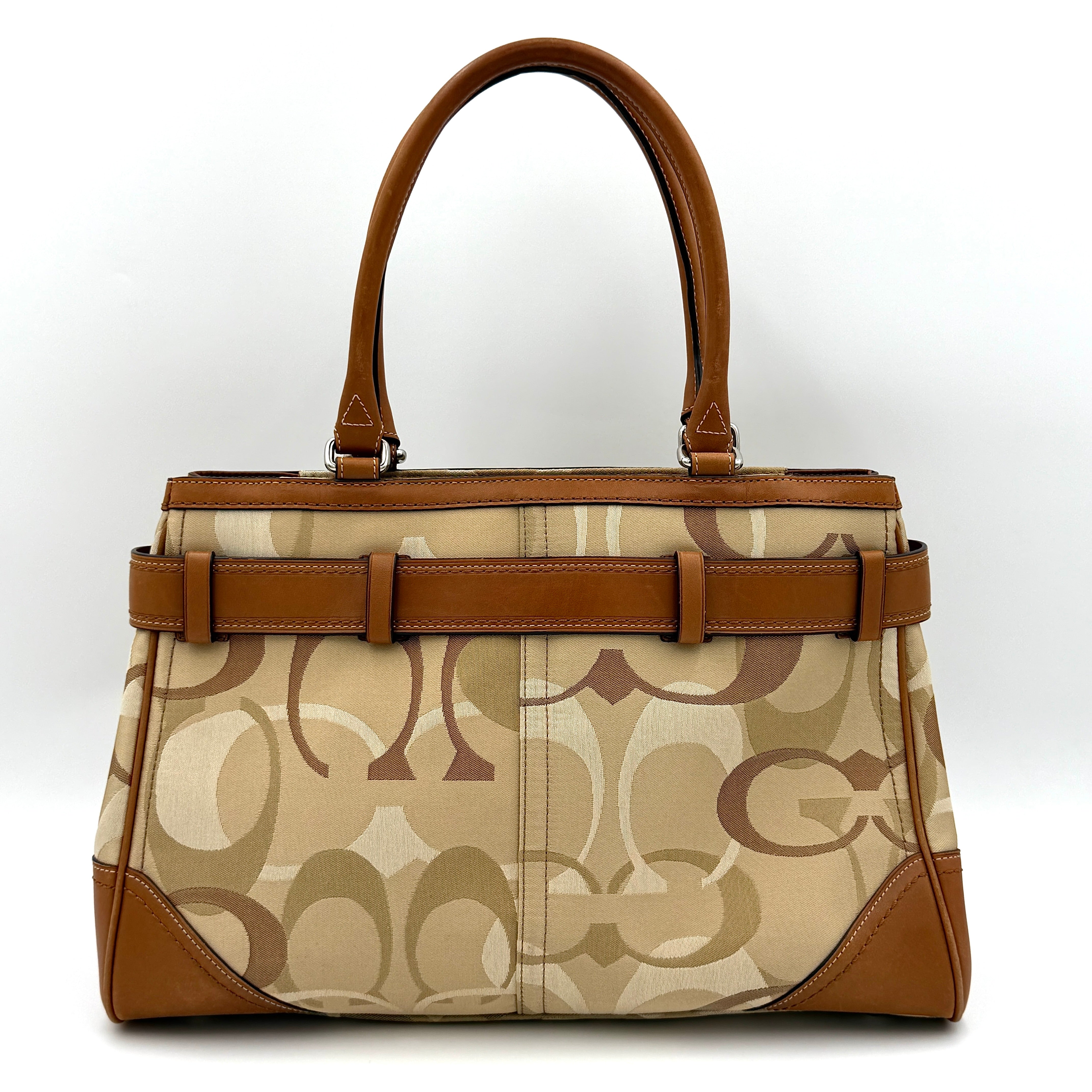 Coach Signature Stripe Hampton Carryall Shoulder Bag in neutral signature jacquard with caramel leather trim and silver hardware.