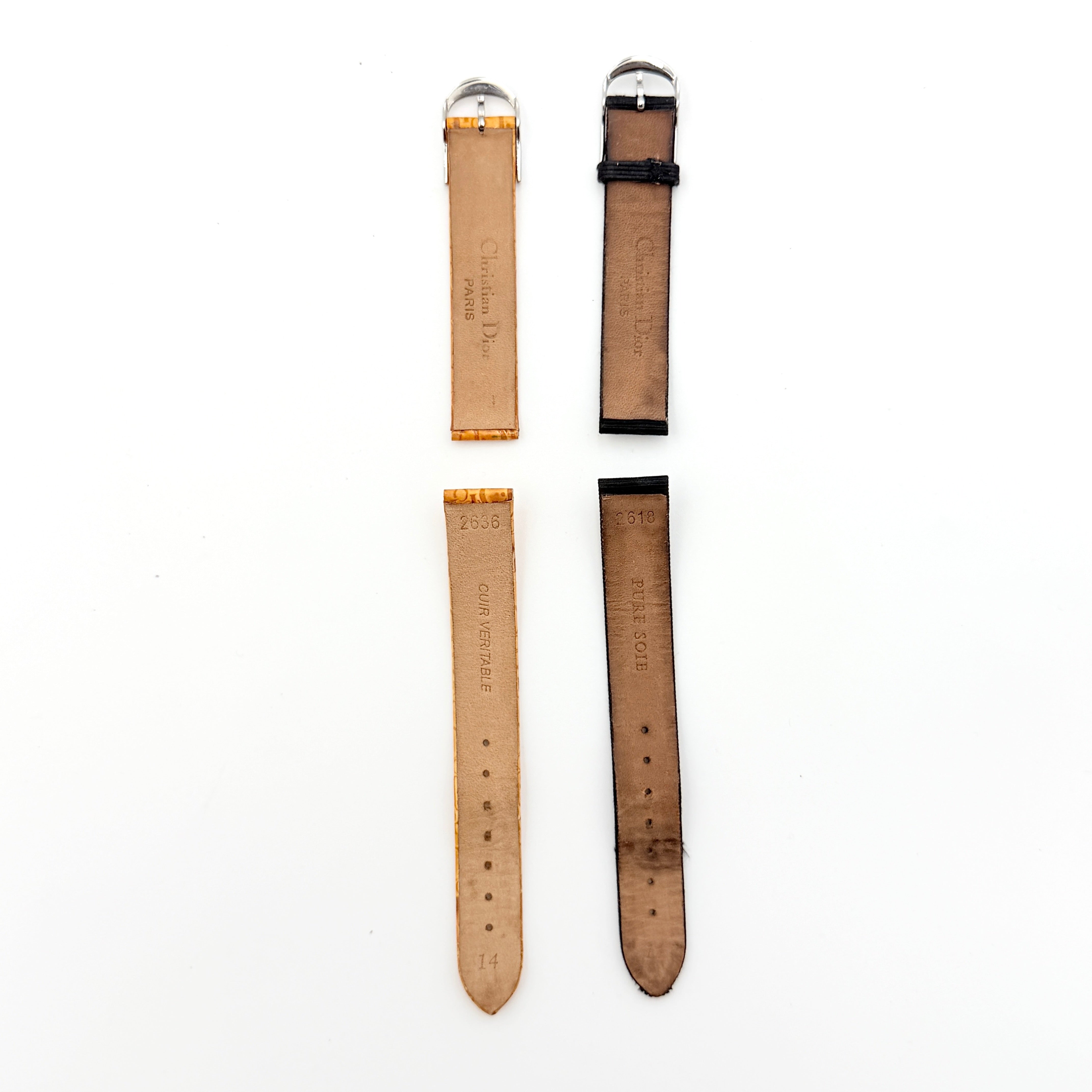 Dior Trotter Malice Watch with blue monogram strap and extra interchangeable yellow and black straps displayed.