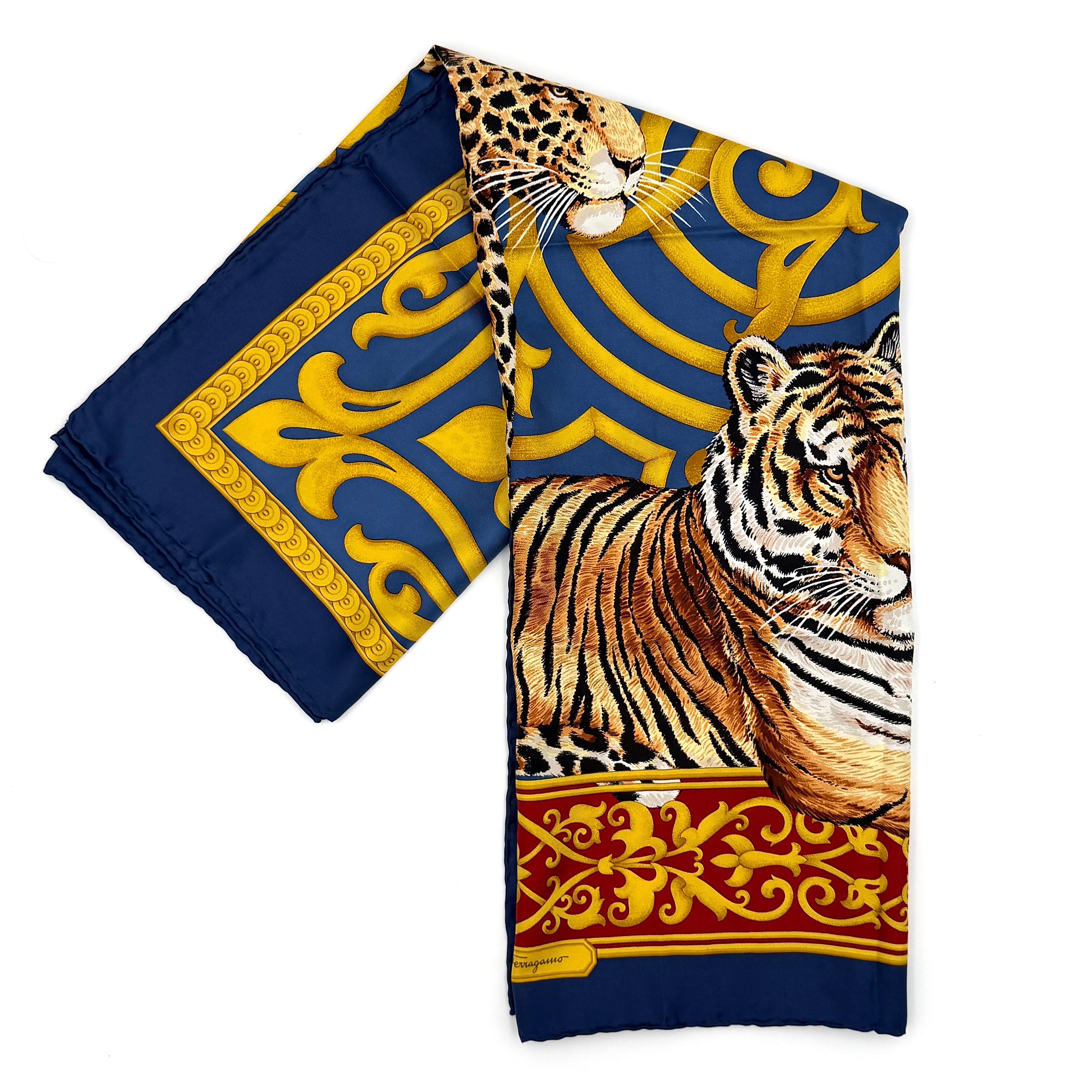 Salvatore Ferragamo Tiger Leopard Cheetah Silk Scarf Gold