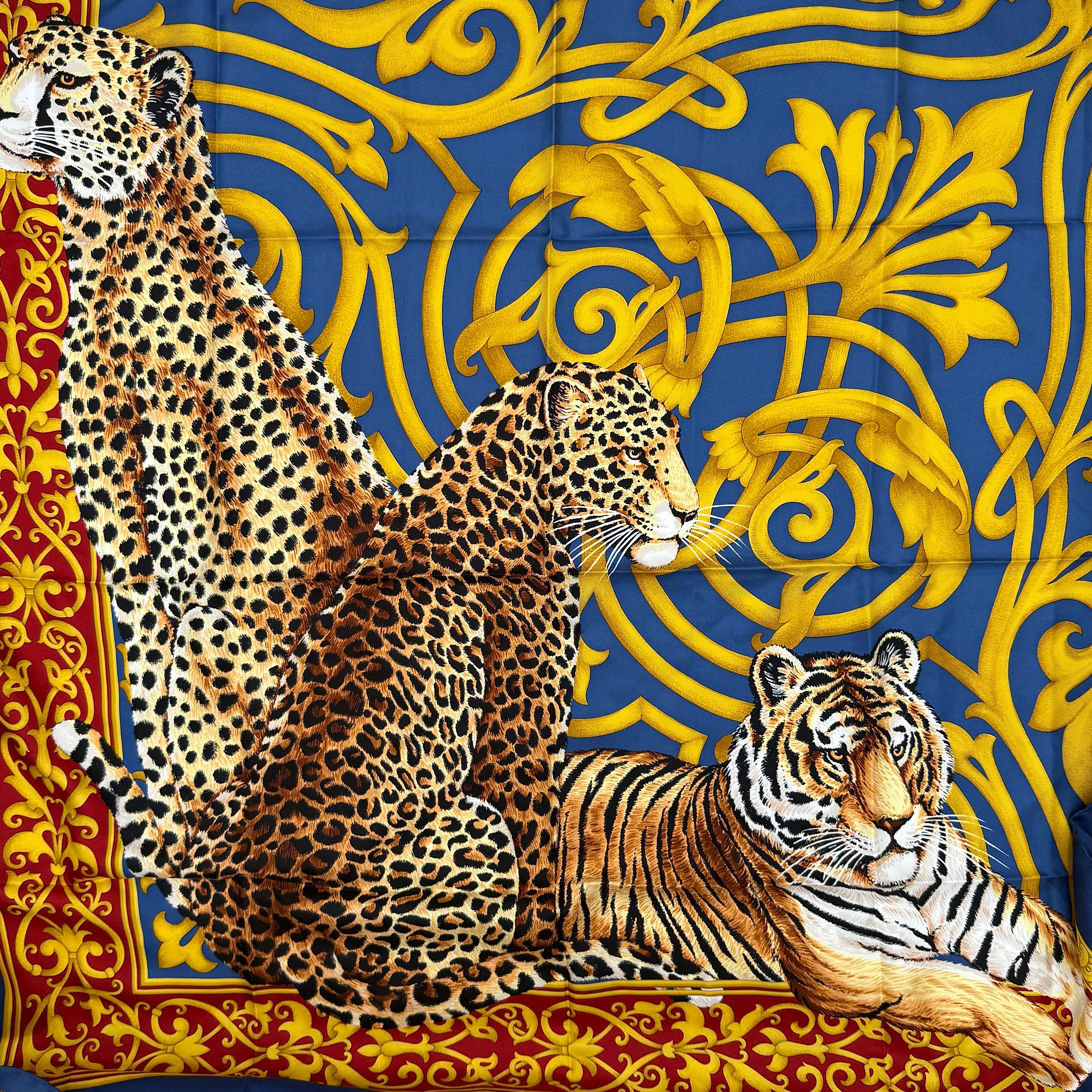 Salvatore Ferragamo Tiger Leopard Cheetah Silk Scarf Gold