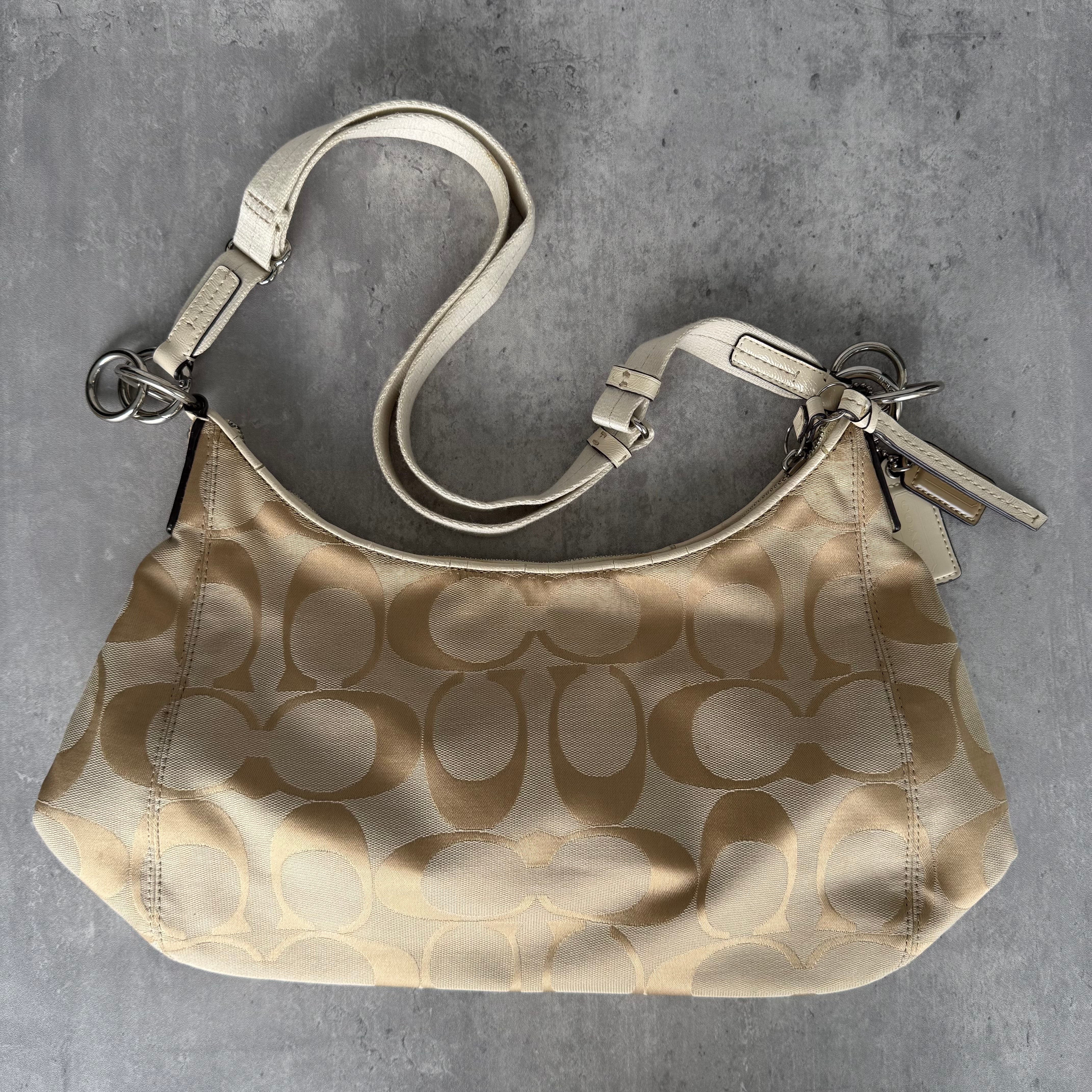 Coach Signature Stripe Convertible Hobo Bag Beige