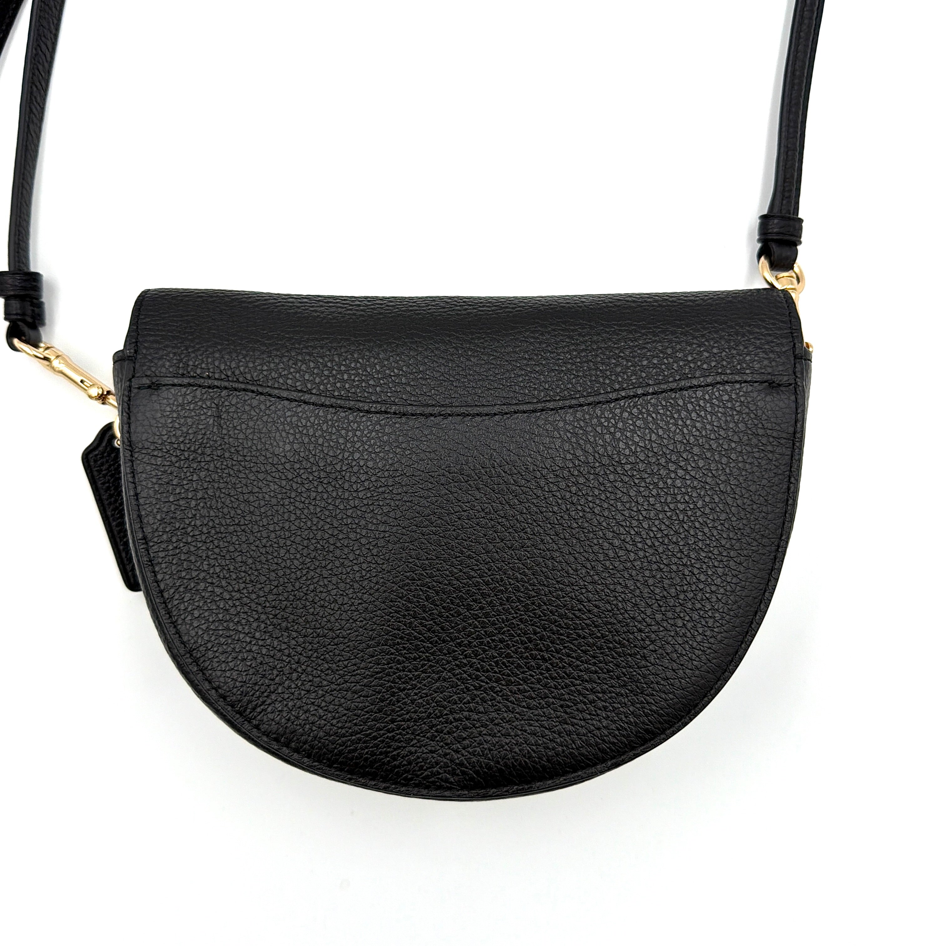 Coach Ellen Crossbody Bag in black pebbled leather with a half-moon silhouette, gold-tone hardware, and adjustable strap.