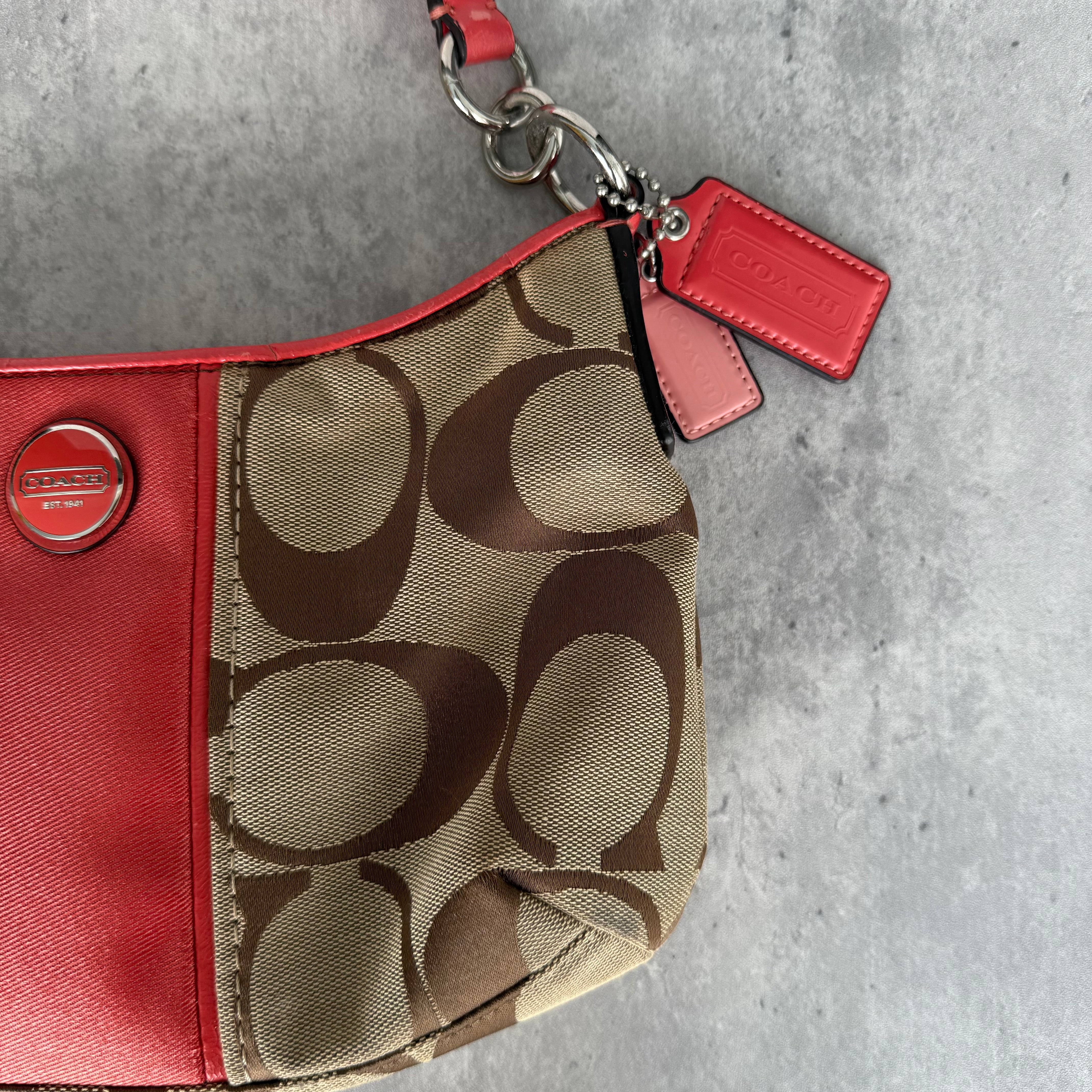 Coach 2Way Signature Strip Shoulder Bag Beige/Red