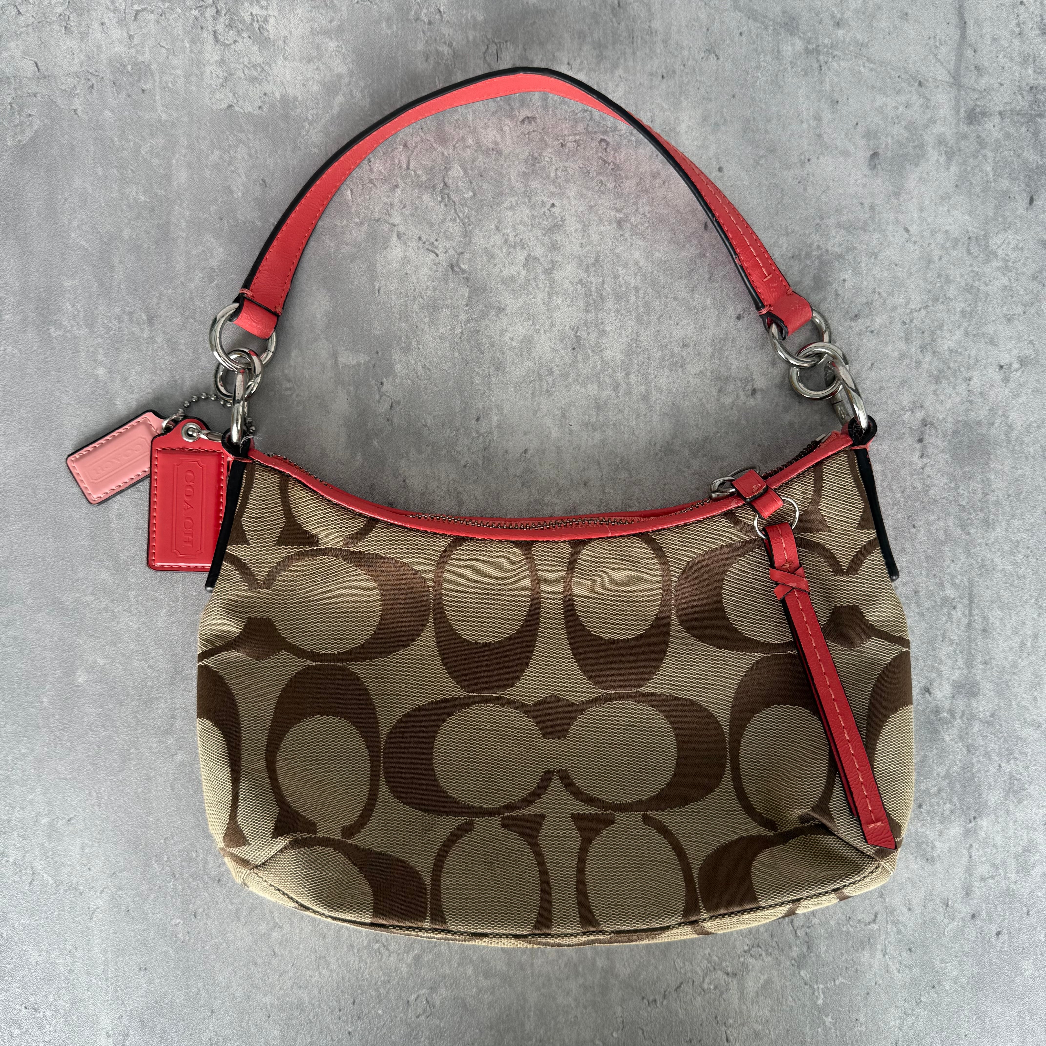 Coach 2Way Signature Strip Shoulder Bag Beige/Red