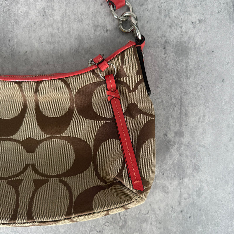 Coach 2Way Signature Strip Shoulder Bag Beige/Red
