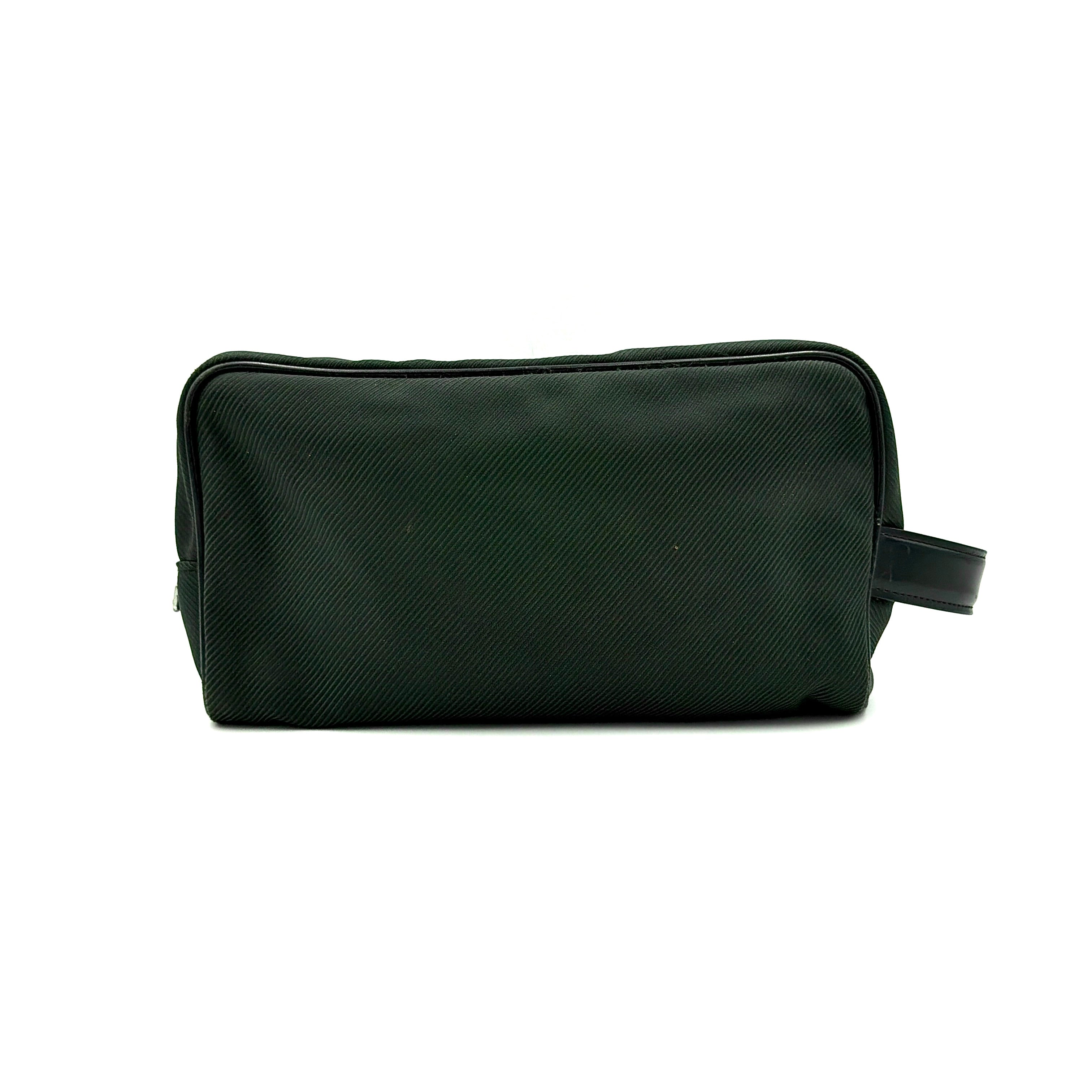 Louis Vuitton Taiga Parana Clutch Bag in deep green Taiga leather with black leather handle and silver-tone zipper, shown from the front.
