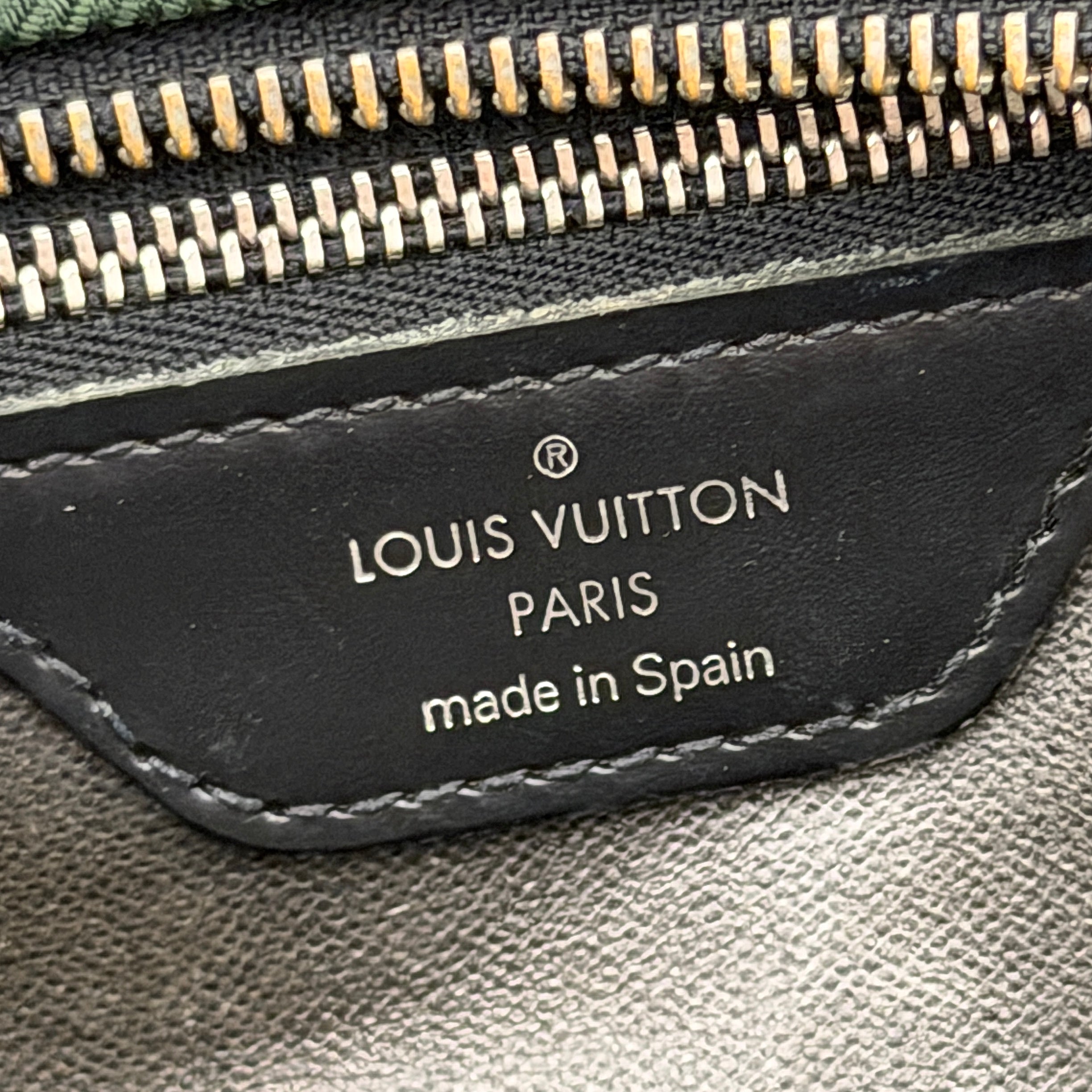 Louis Vuitton Taiga Parana Clutch Bag in deep green Taiga leather with black leather handle and silver-tone zipper, shown from the front.