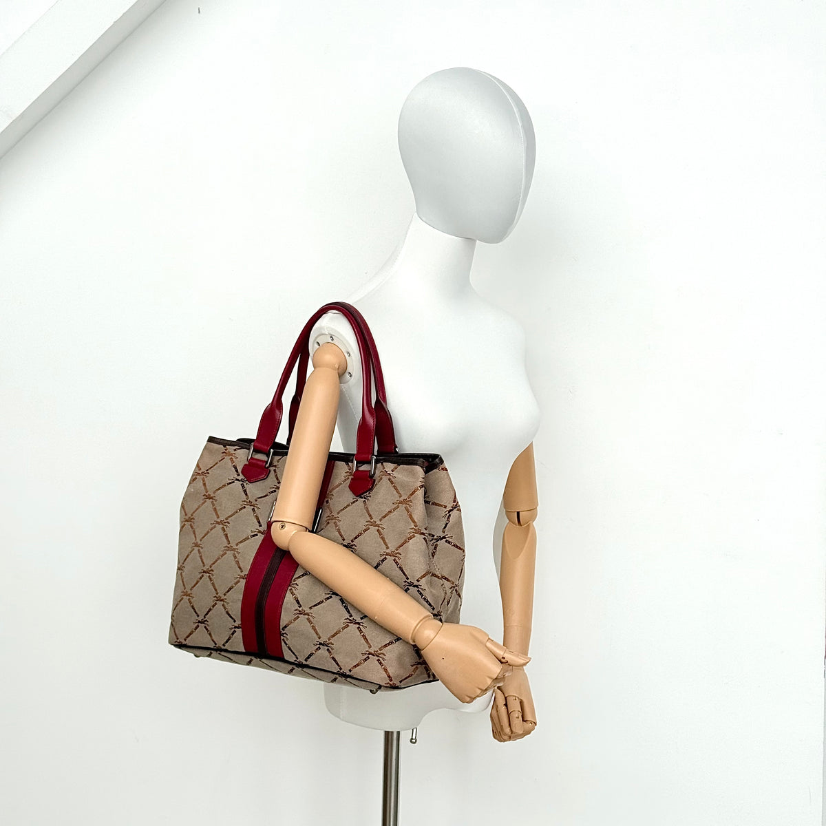 Longchamp Monogram Jacquard Canvas Tote Bag Red/Beige