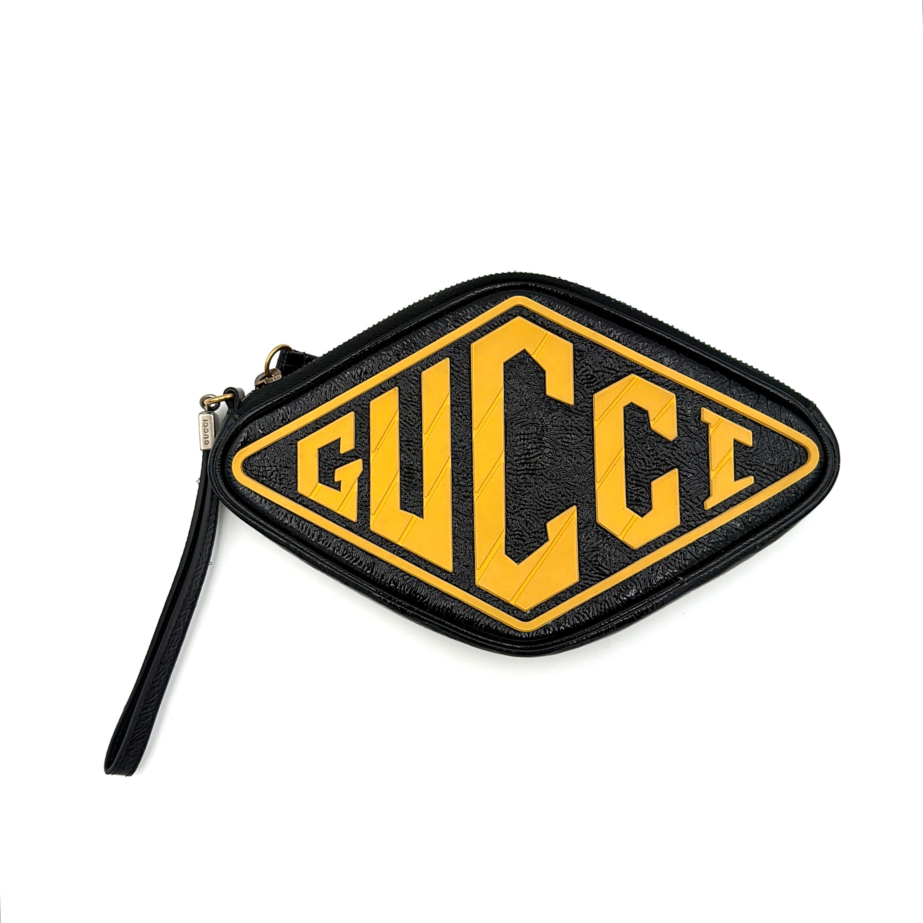 Gucci Game List Logo Patent Wristlet Black/Yellow