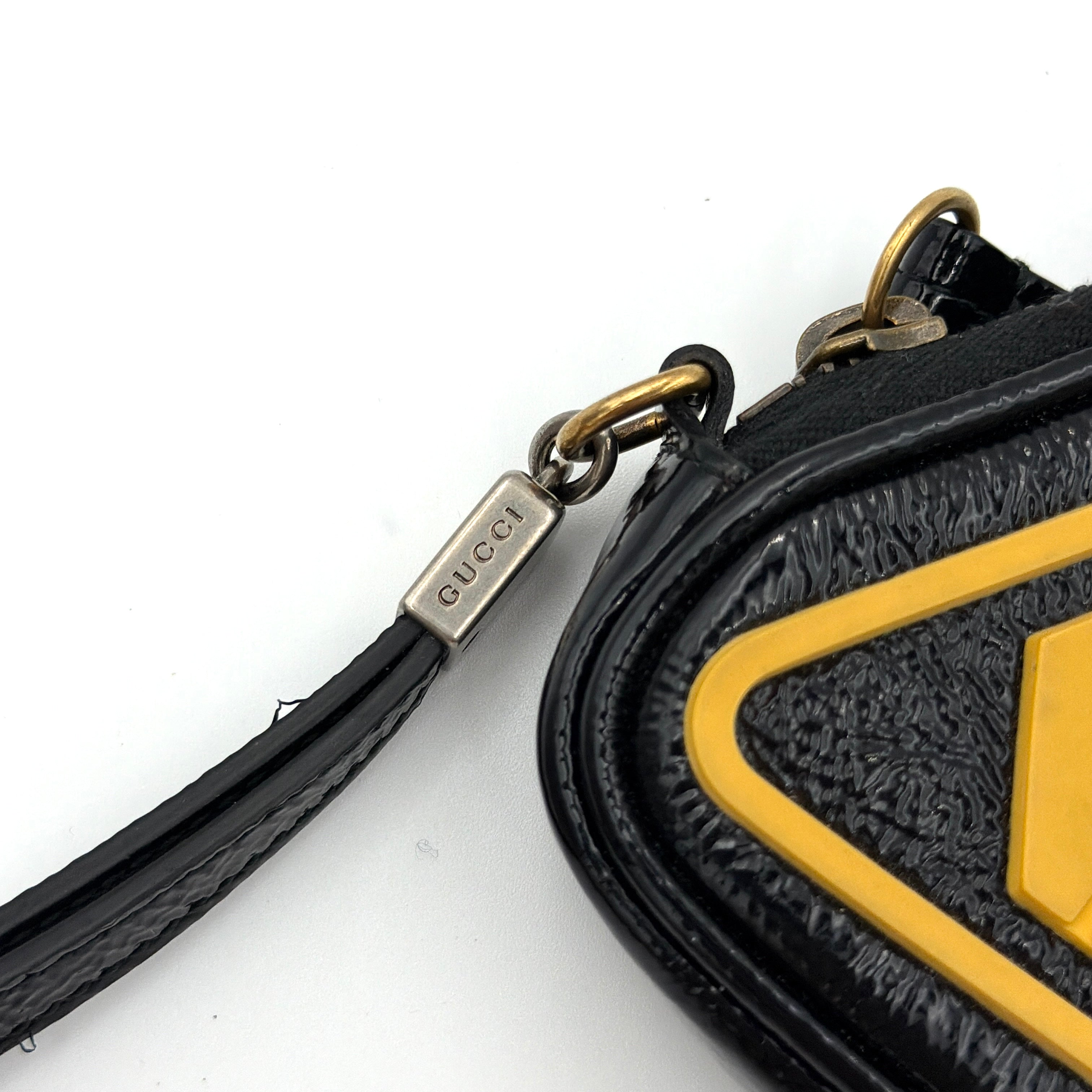 Gucci Game List Logo Patent Wristlet Black/Yellow
