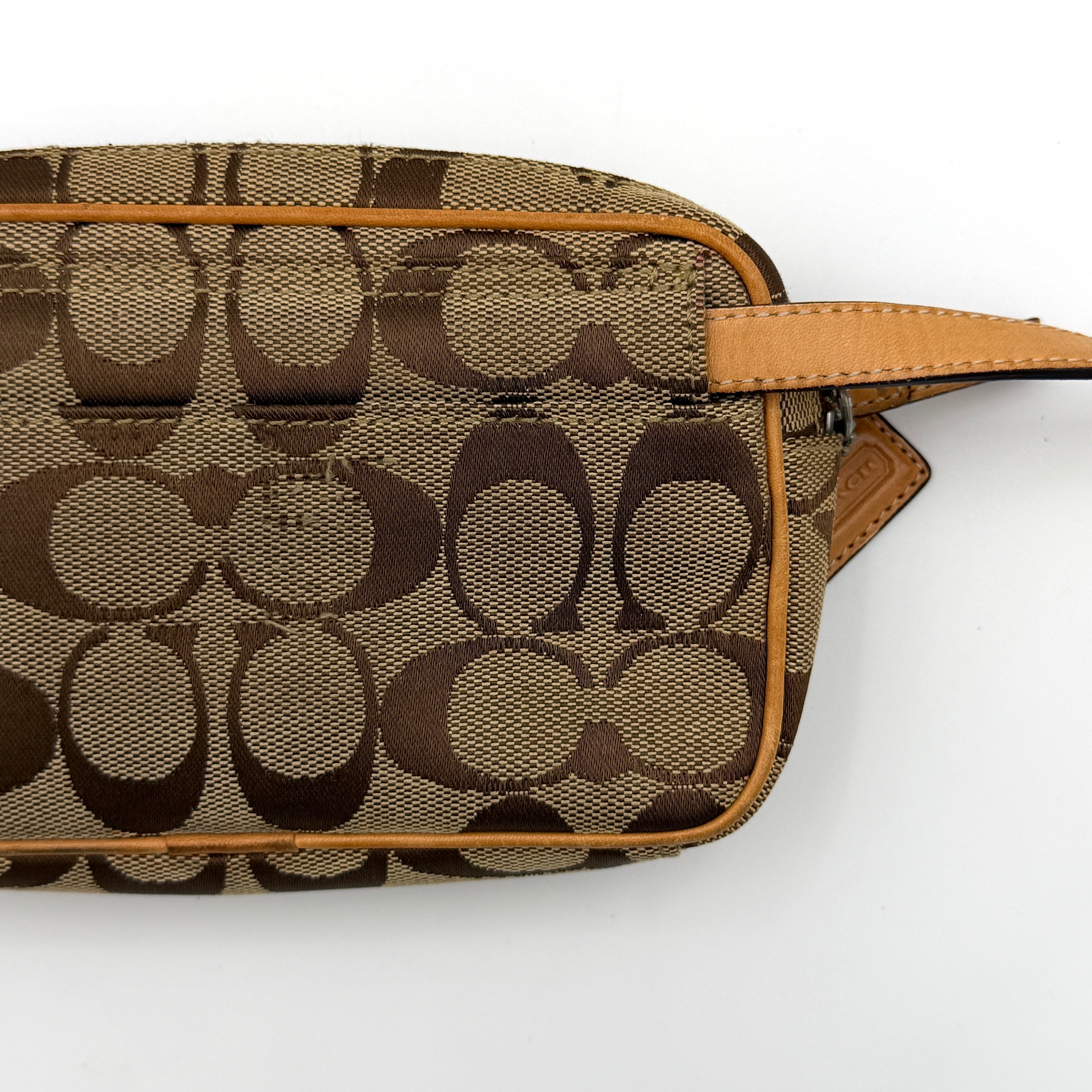 Coach Signature Canvas crossbody bag in beige and tan with iconic 'C' motif, natural leather trim and adjustable strap.