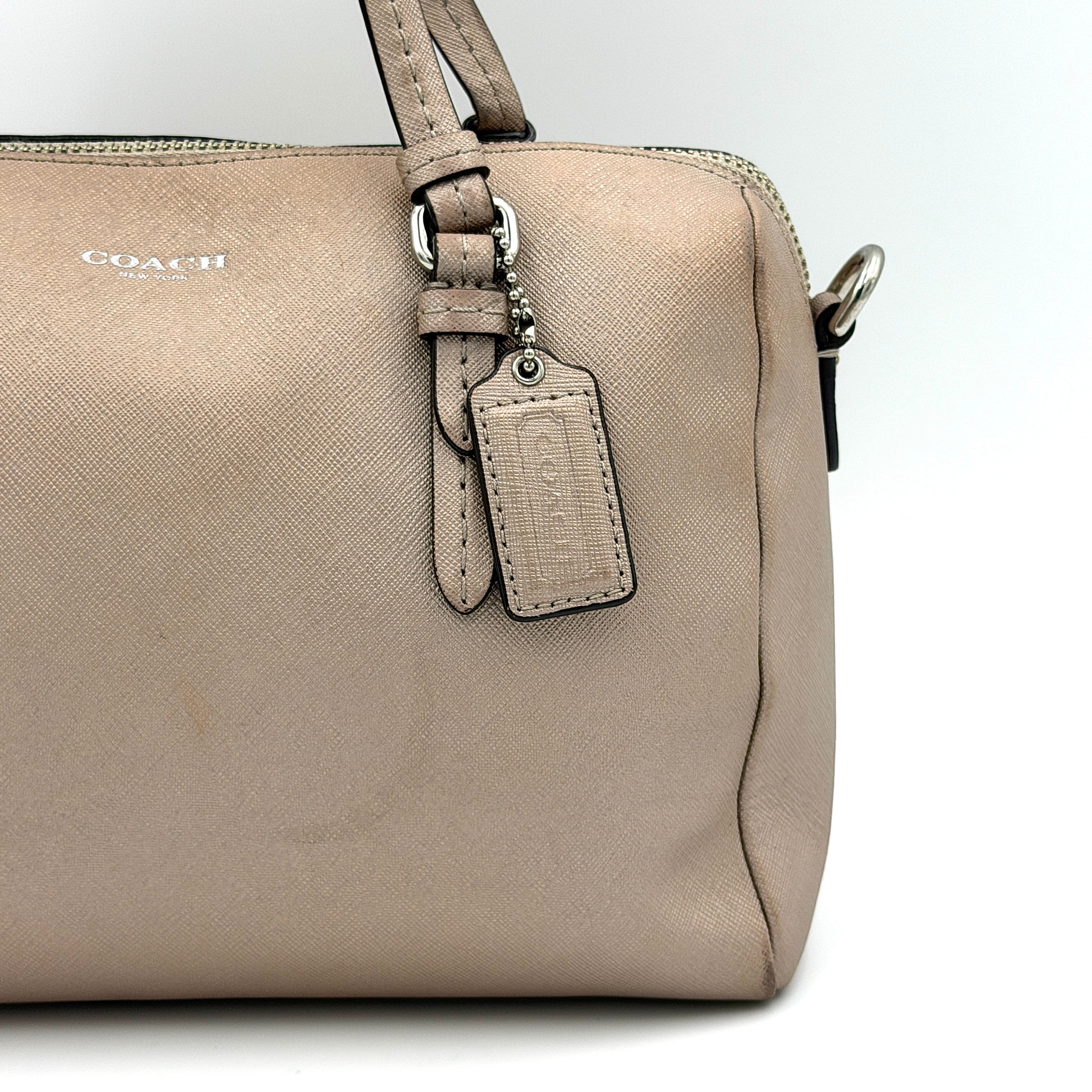 Coach Peyton Mini Bennett Boston Bag in light brown saffiano leather with silver-tone hardware, top handles, and a detachable strap.