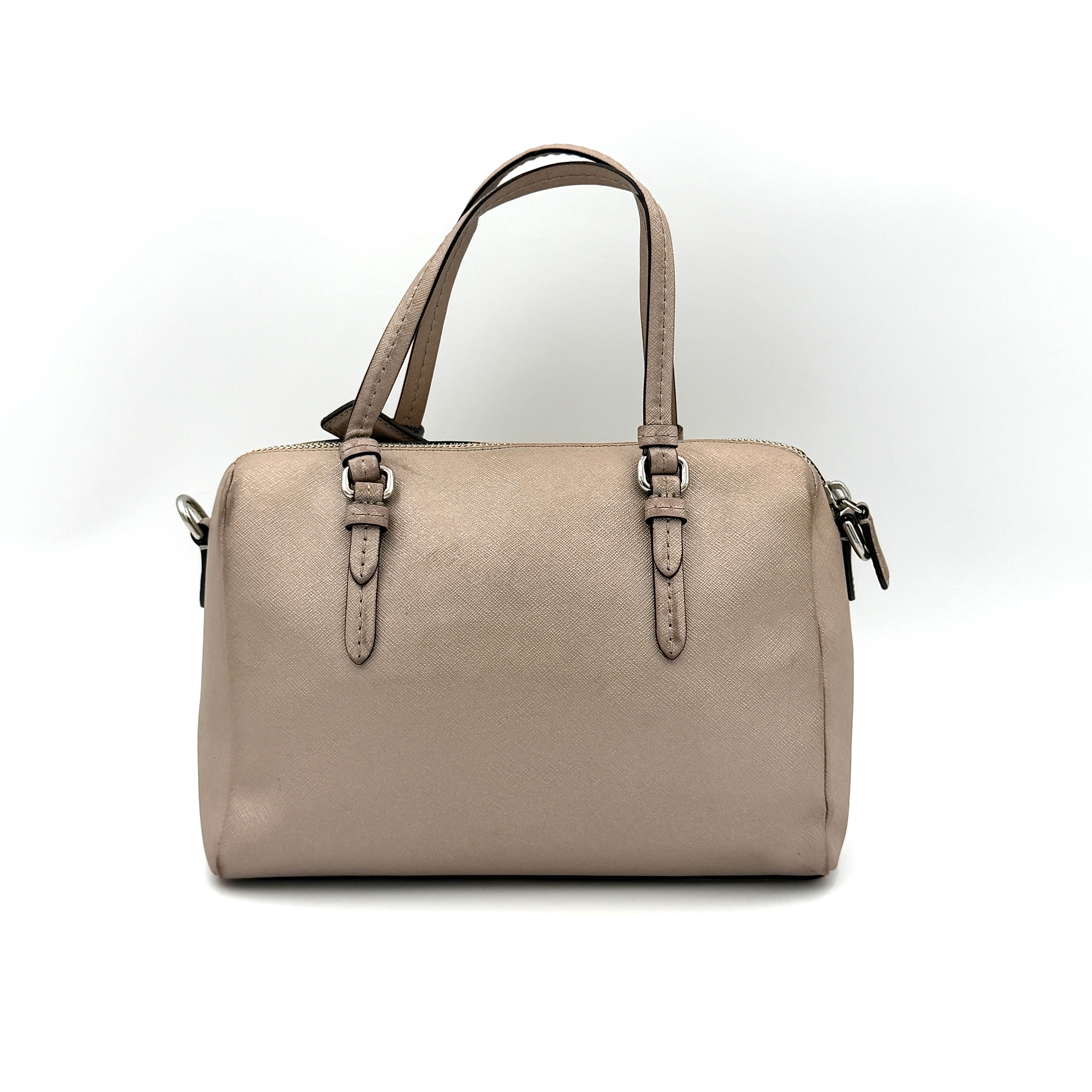 Coach Peyton Mini Bennett Boston Bag in light brown saffiano leather with silver-tone hardware, top handles, and a detachable strap.
