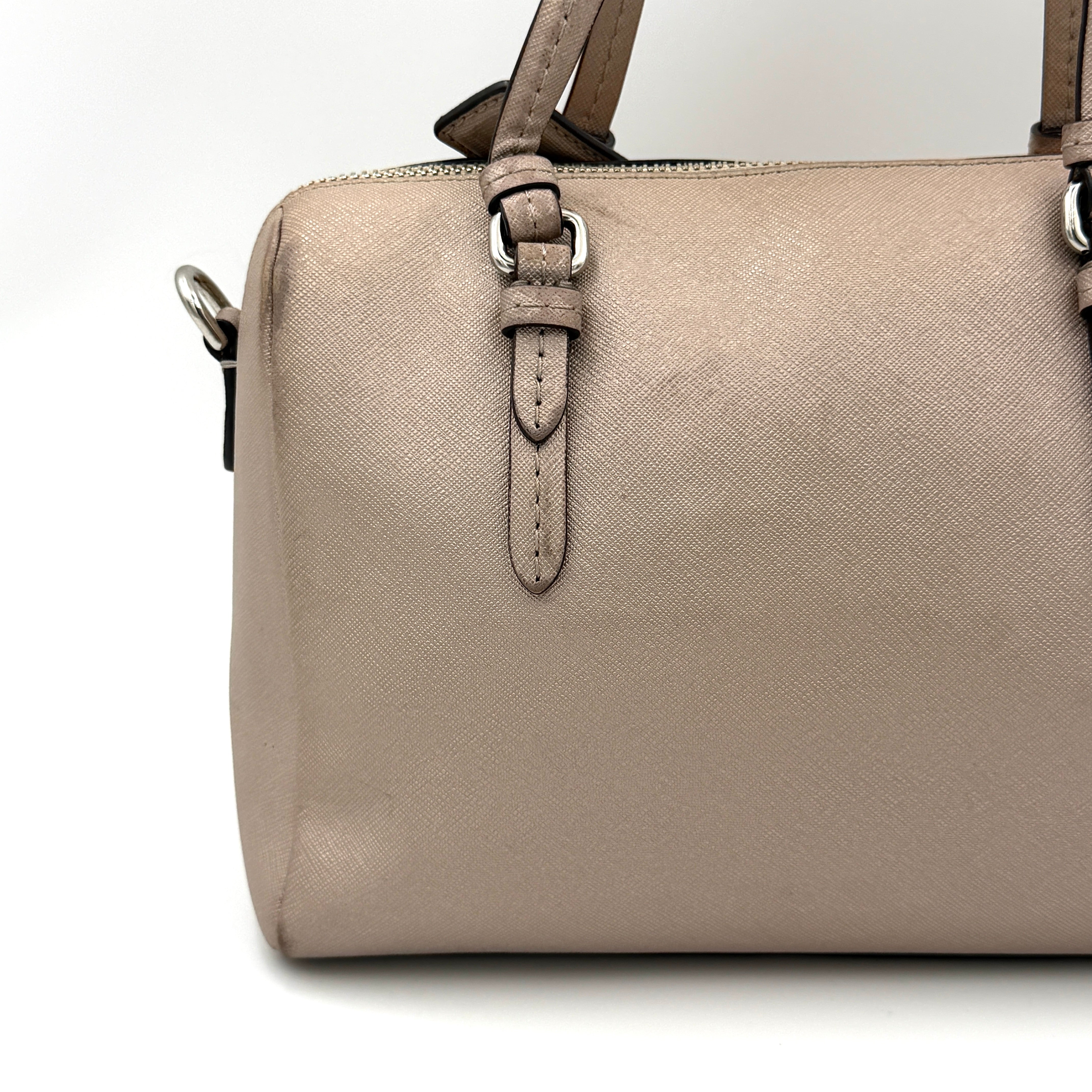 Coach Peyton Mini Bennett Boston Bag in light brown saffiano leather with silver-tone hardware, top handles, and a detachable strap.