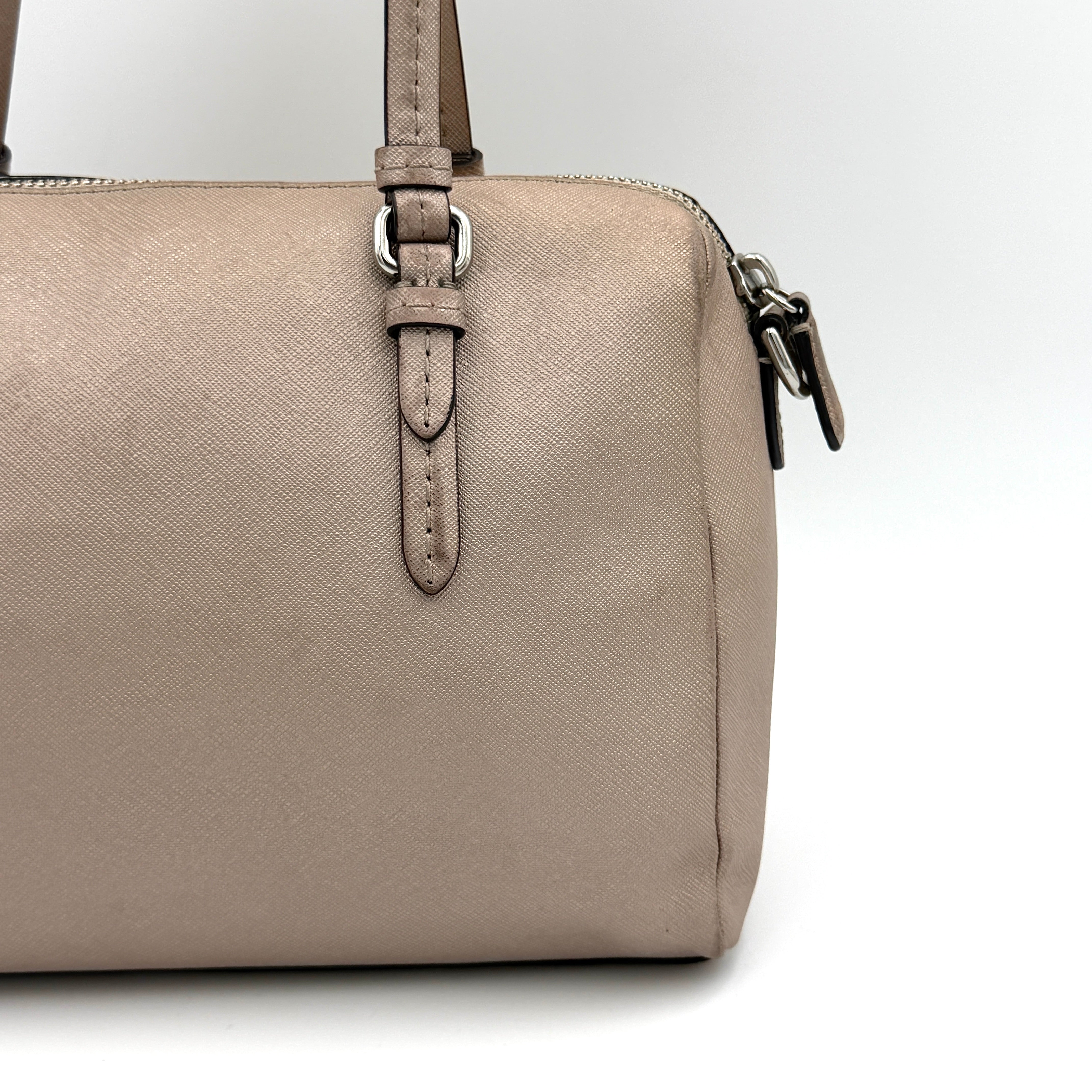Coach Peyton Mini Bennett Boston Bag in light brown saffiano leather with silver-tone hardware, top handles, and a detachable strap.
