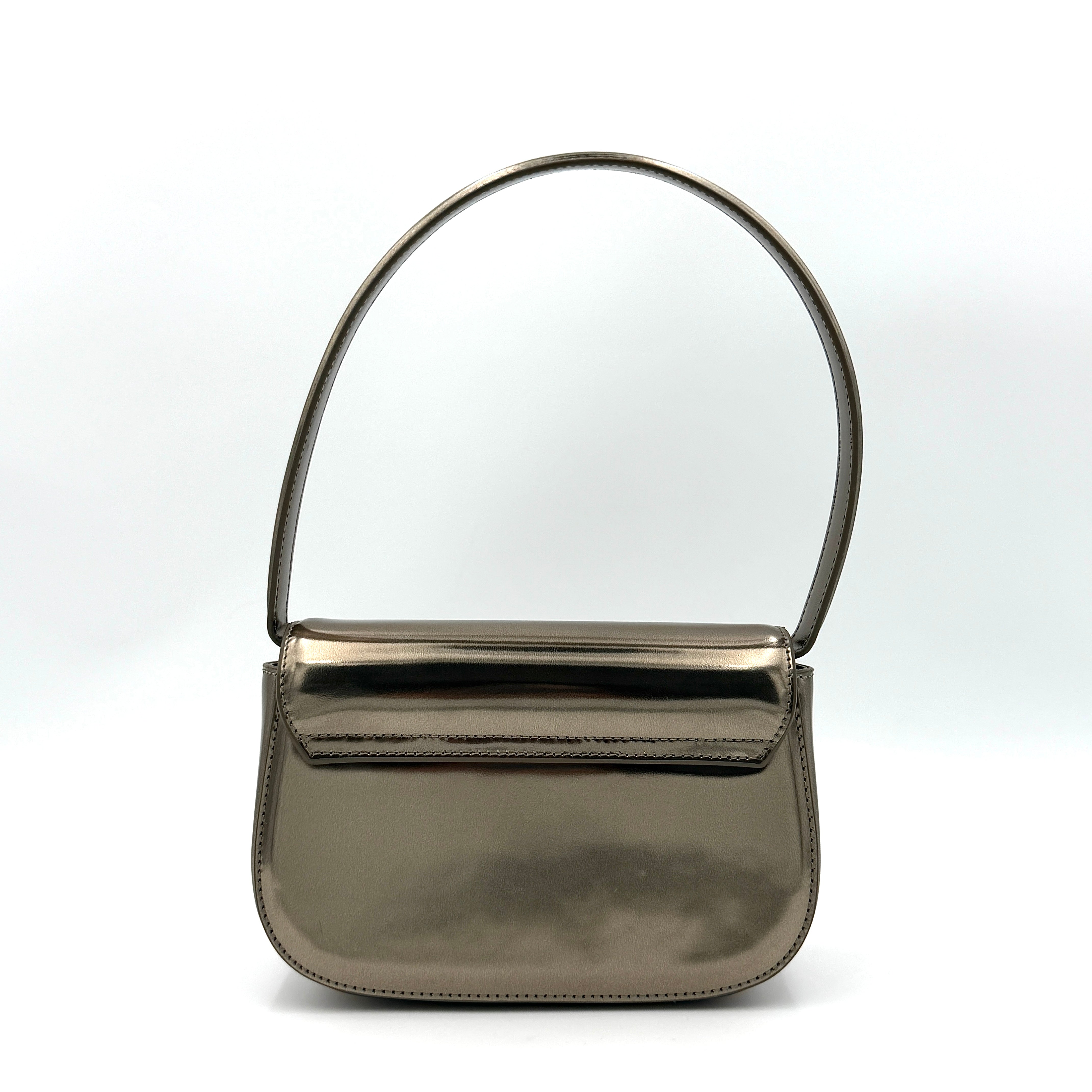 Diesel 1DR metallic silver shoulder bag with oversized chrome D-logo plaque, top handle, and detachable strap displayed against a white background.