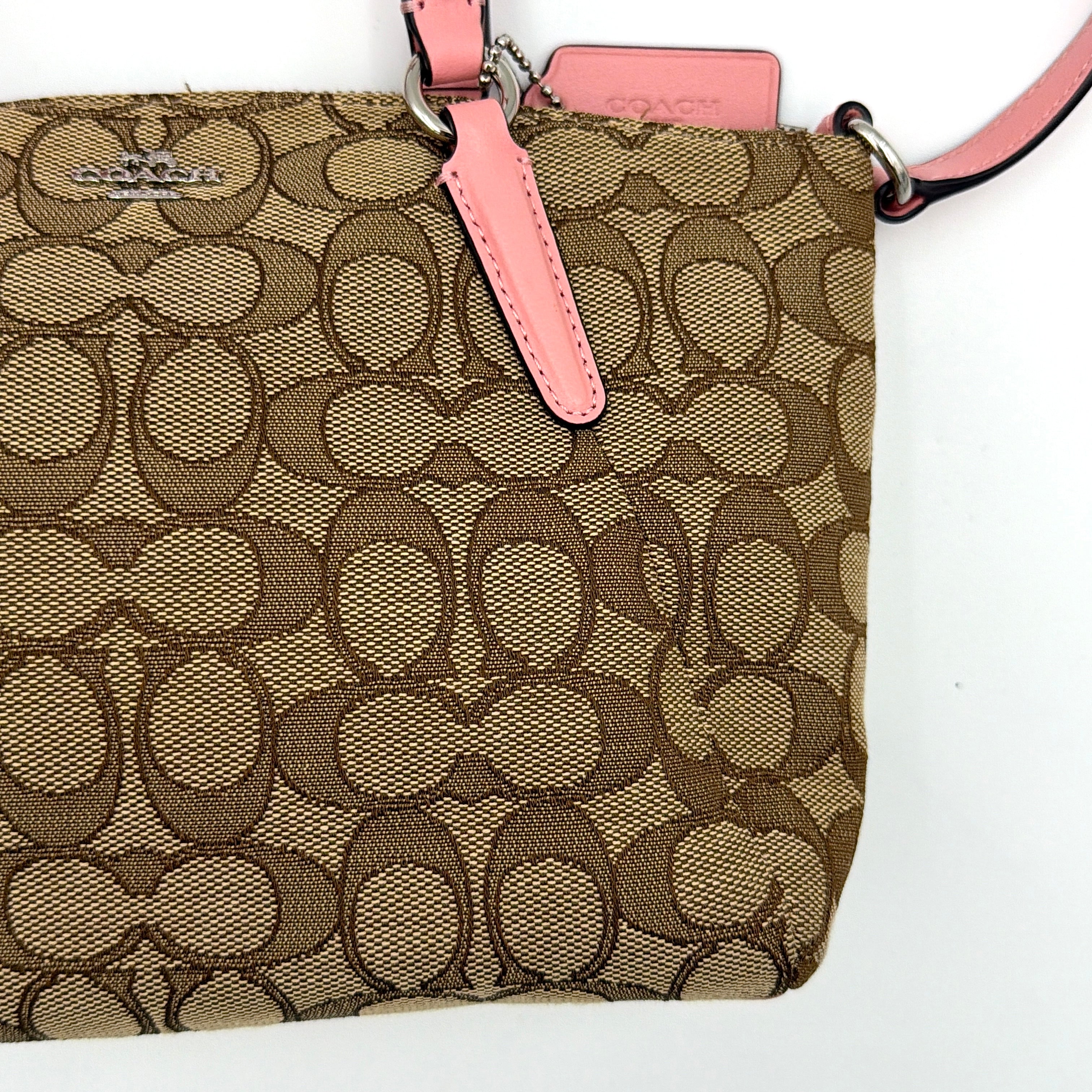 Coach 2Way Kelsey Shoulder Bag with beige monogram canvas and pink leather accents, shown with adjustable shoulder strap.