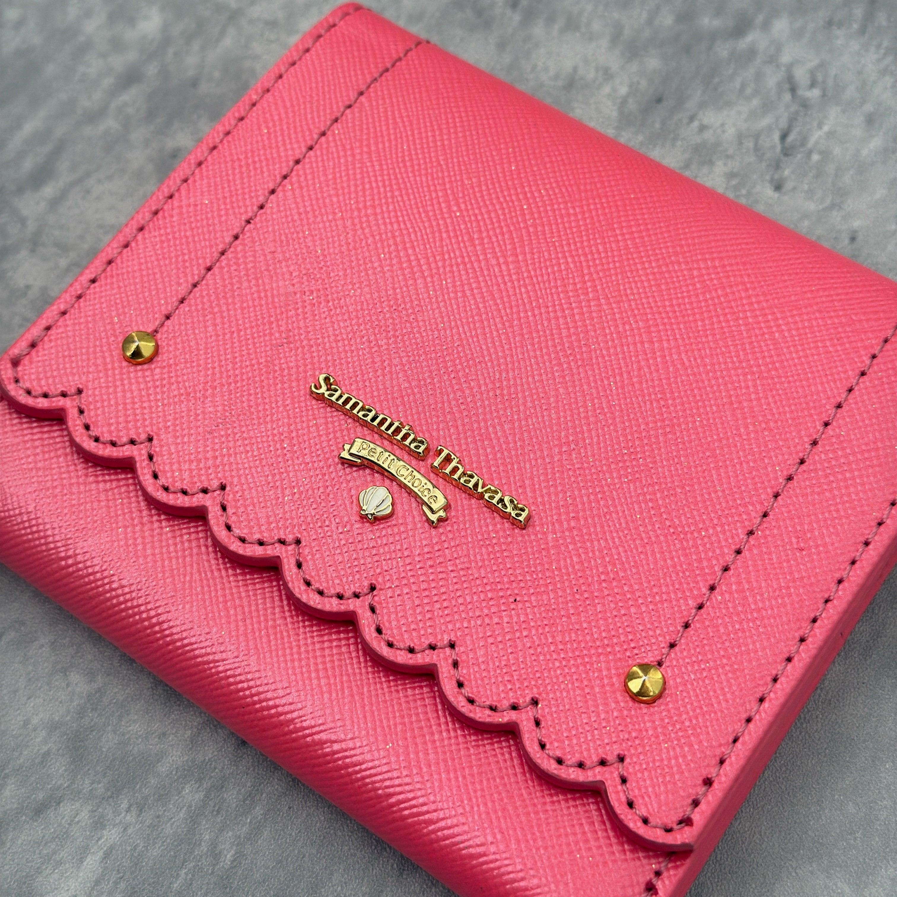 Samantha Thavasa Pink Leather Wallet with scalloped edges, gold-tone hardware, and structured bifold design.